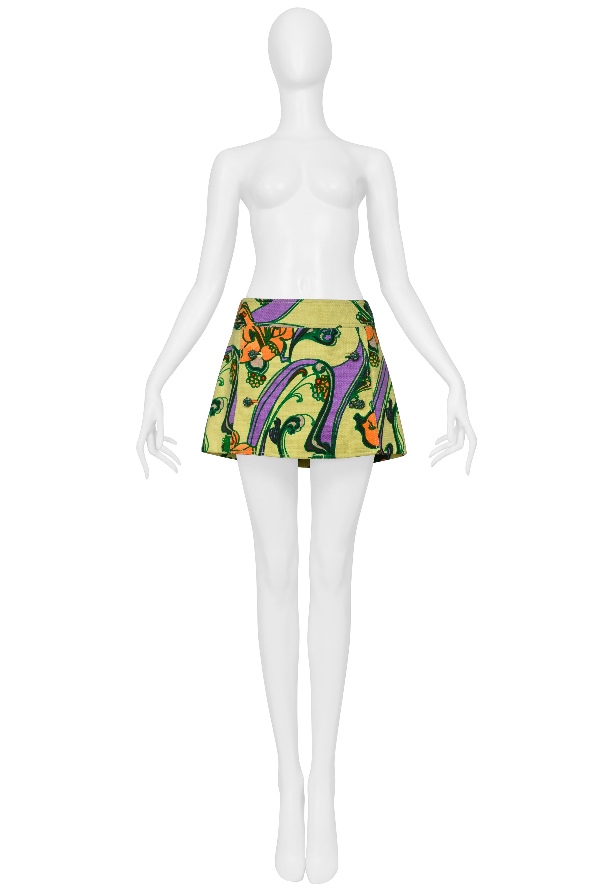 DOLCE & GABBANA CHARTREUSE FLORAL PRINT SUPER MINI SKIRT WITH JEWEL BUTTONS