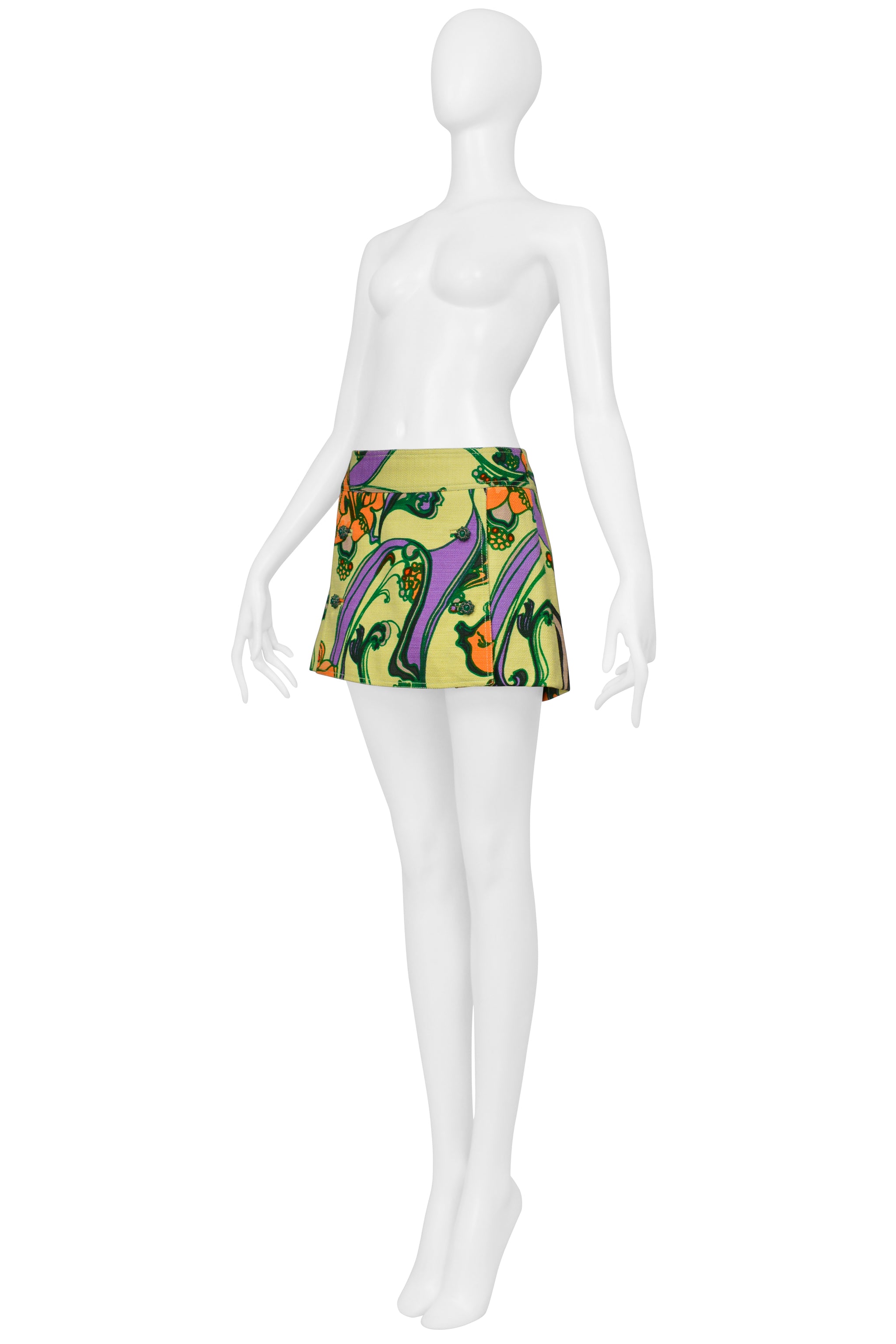 DOLCE & GABBANA CHARTREUSE FLORAL PRINT SUPER MINI SKIRT WITH JEWEL BUTTONS