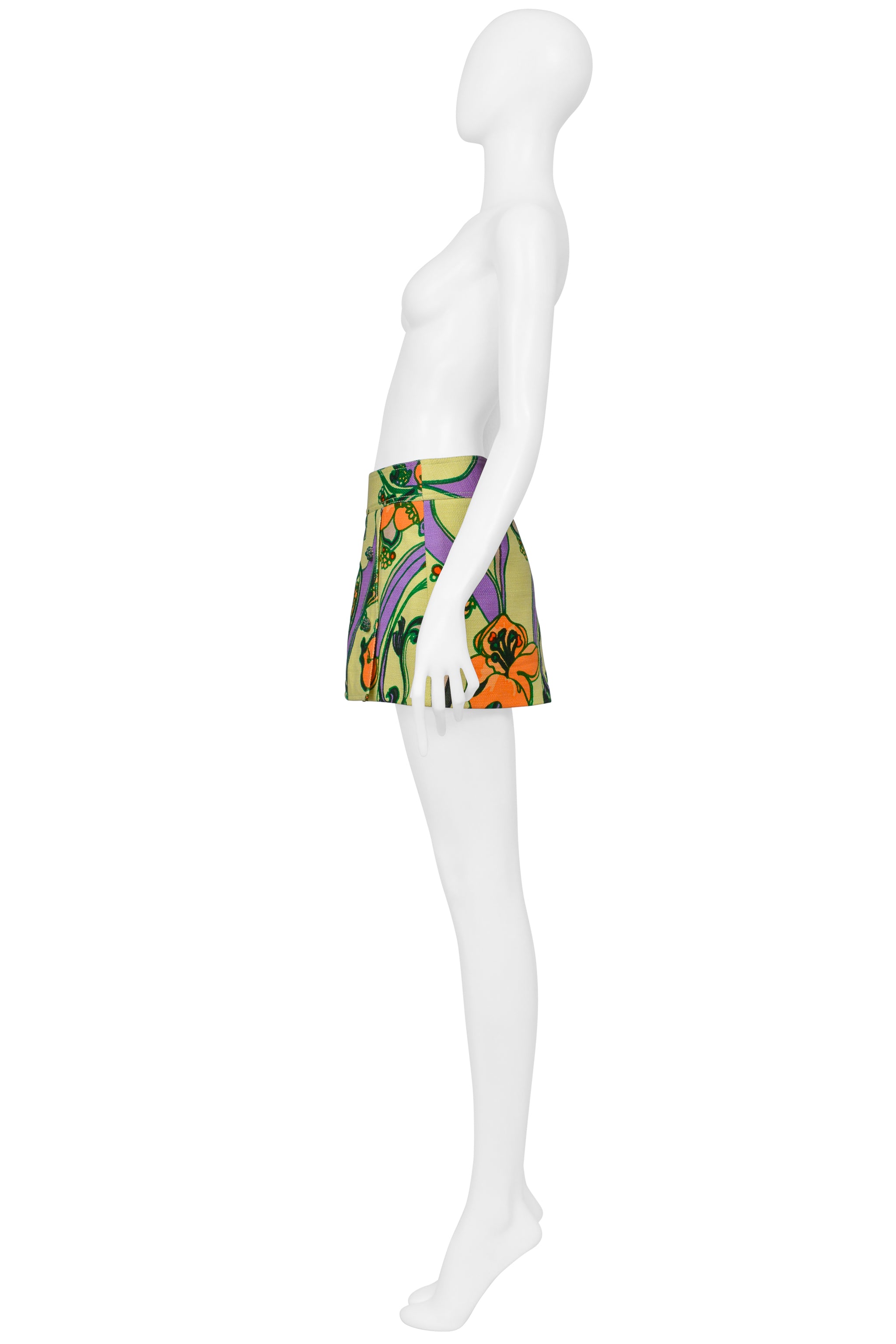DOLCE & GABBANA CHARTREUSE FLORAL PRINT SUPER MINI SKIRT WITH JEWEL BUTTONS