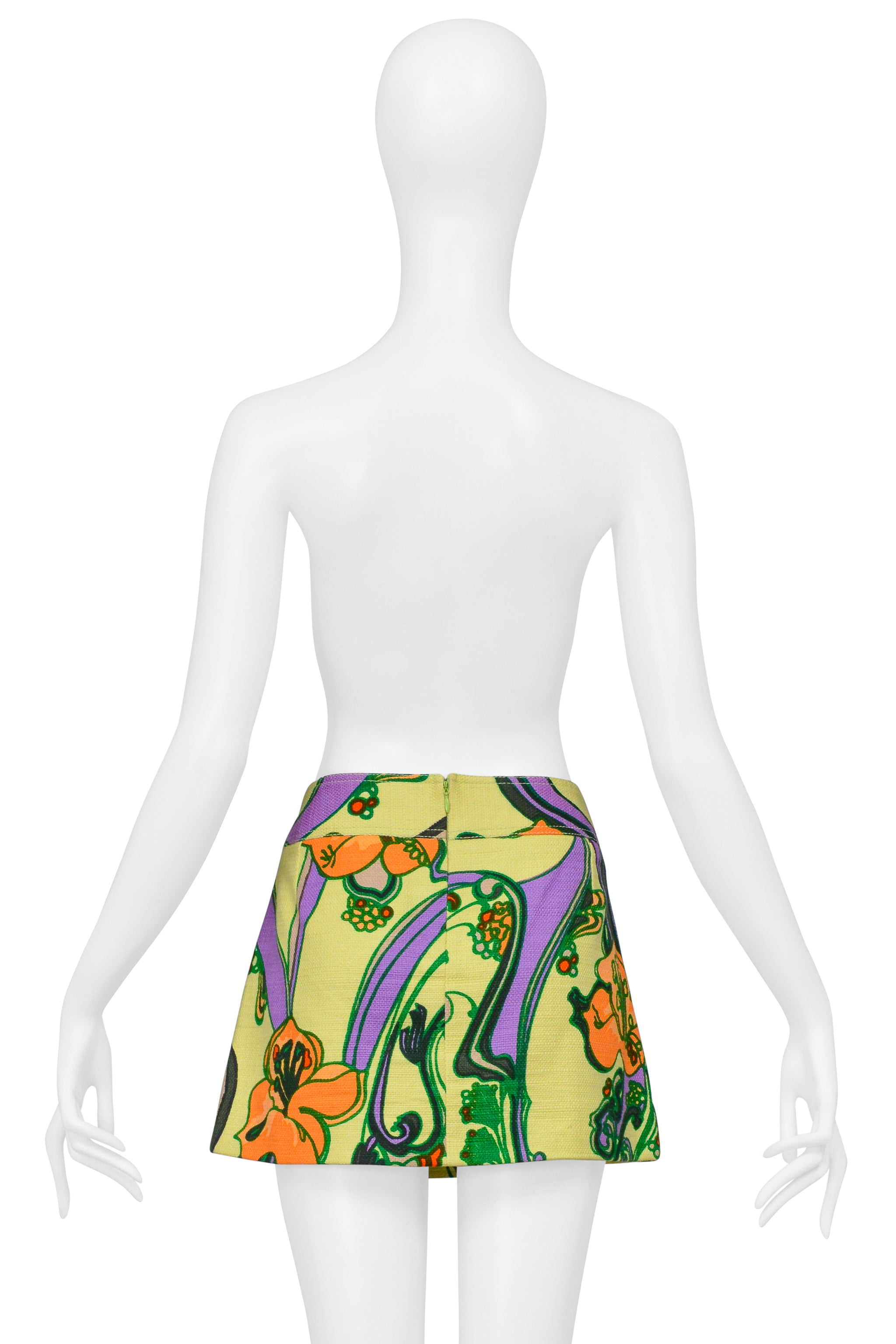 DOLCE & GABBANA CHARTREUSE FLORAL PRINT SUPER MINI SKIRT WITH JEWEL BUTTONS