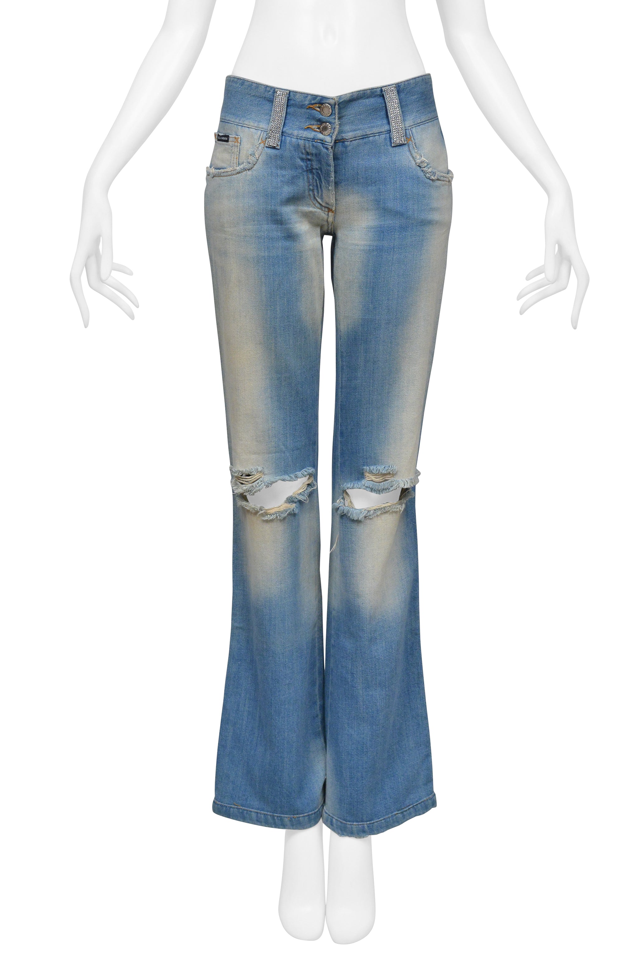 DOLCE & GABBANA DISTRESSED BLUE DENIM JEANS WITH HOLES AND RHINESTONES