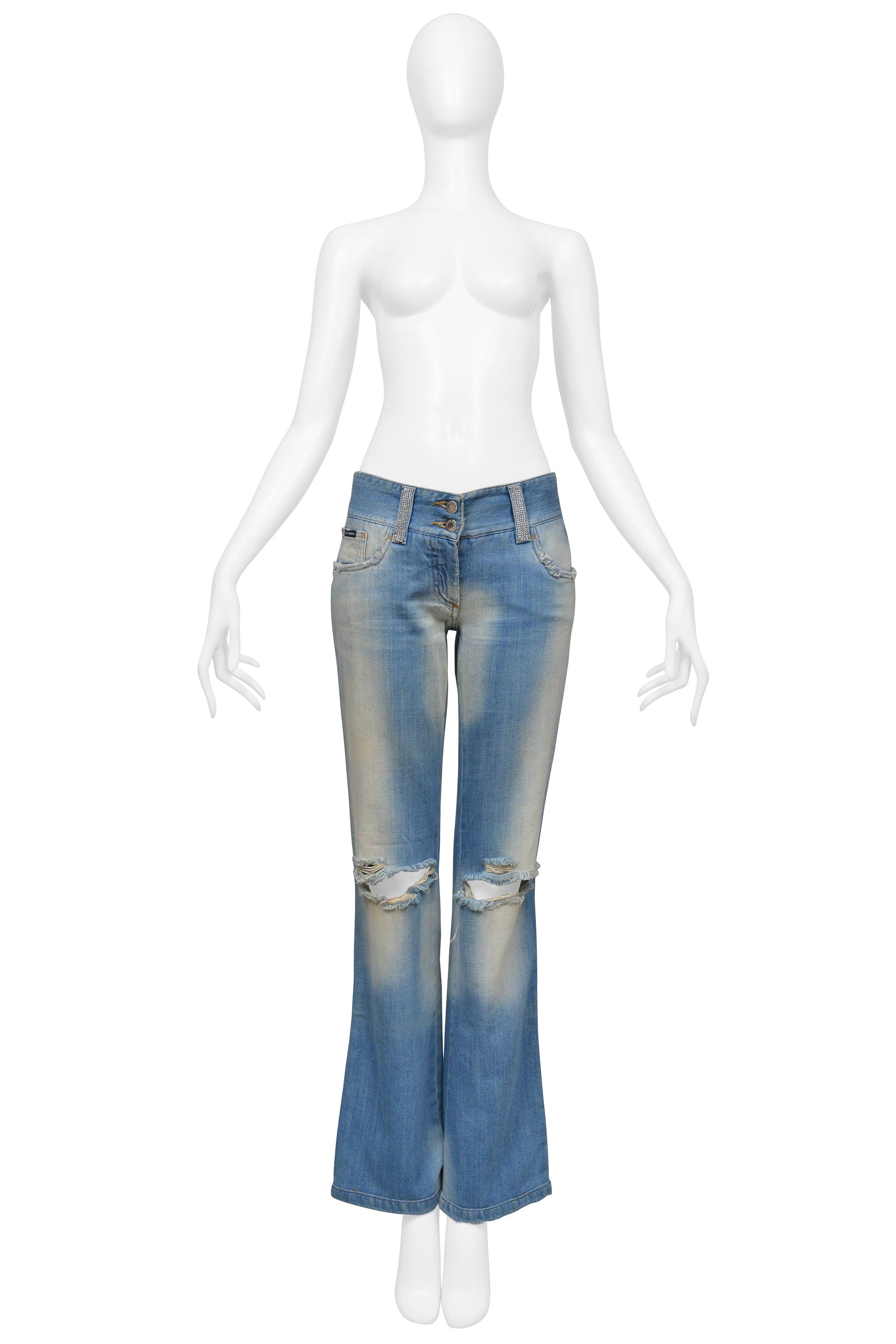 DOLCE & GABBANA DISTRESSED BLUE DENIM JEANS WITH HOLES AND RHINESTONES
