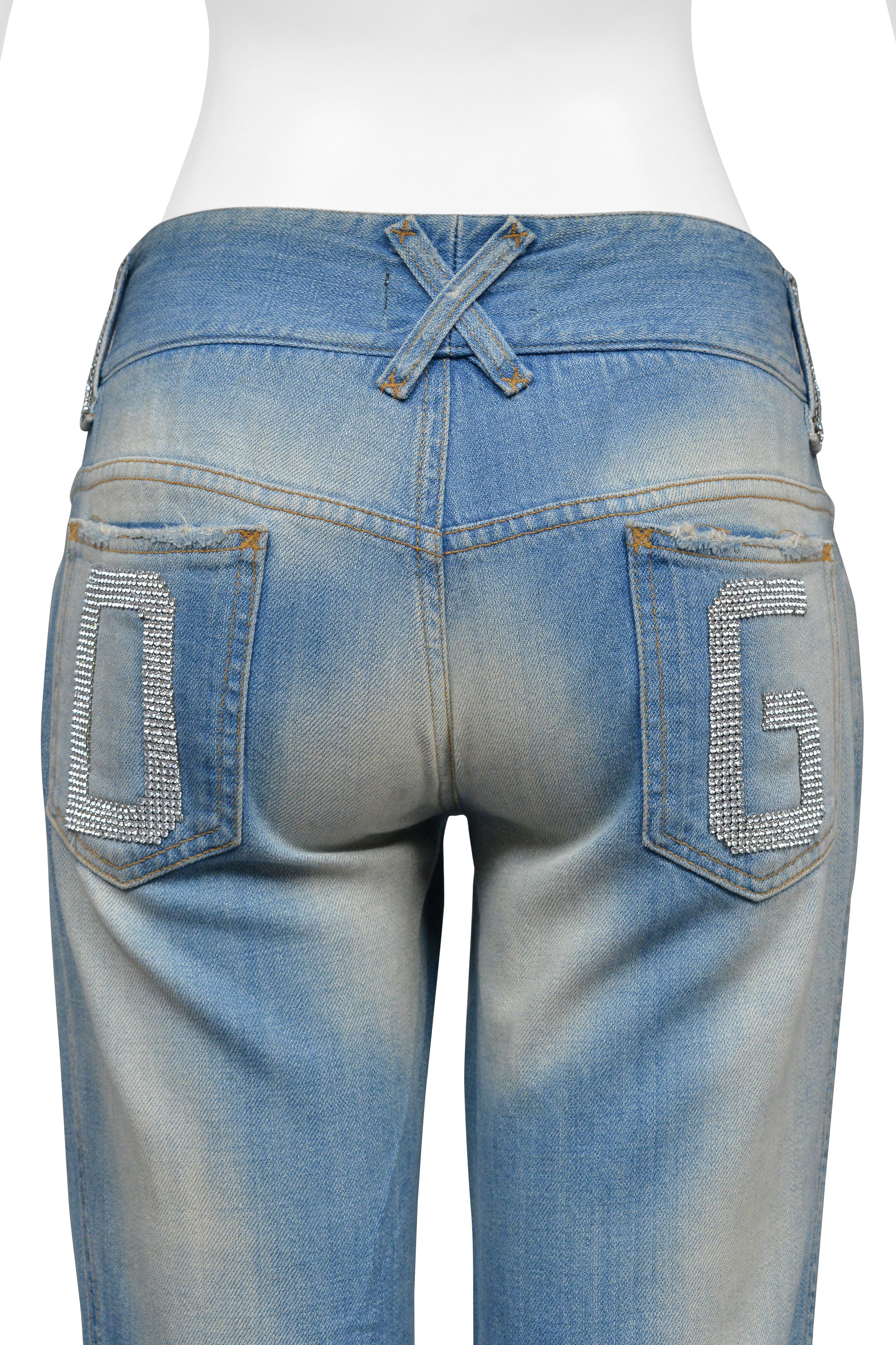 DOLCE & GABBANA DISTRESSED BLUE DENIM JEANS WITH HOLES AND RHINESTONES