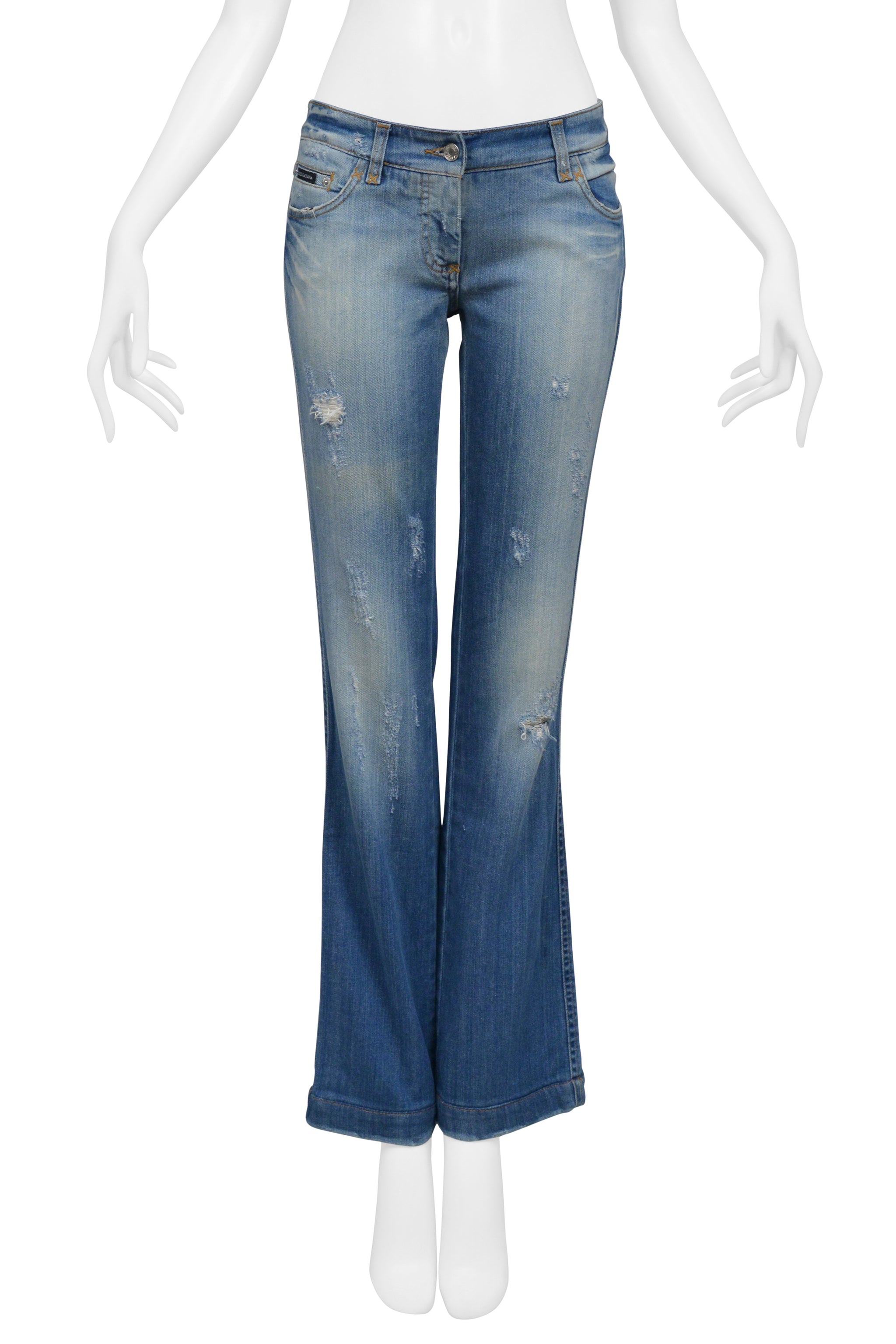 DOLCE & GABBANA DISTRESSED BLUE DENIM JEANS WITH RHINESTONE D&G BADGE