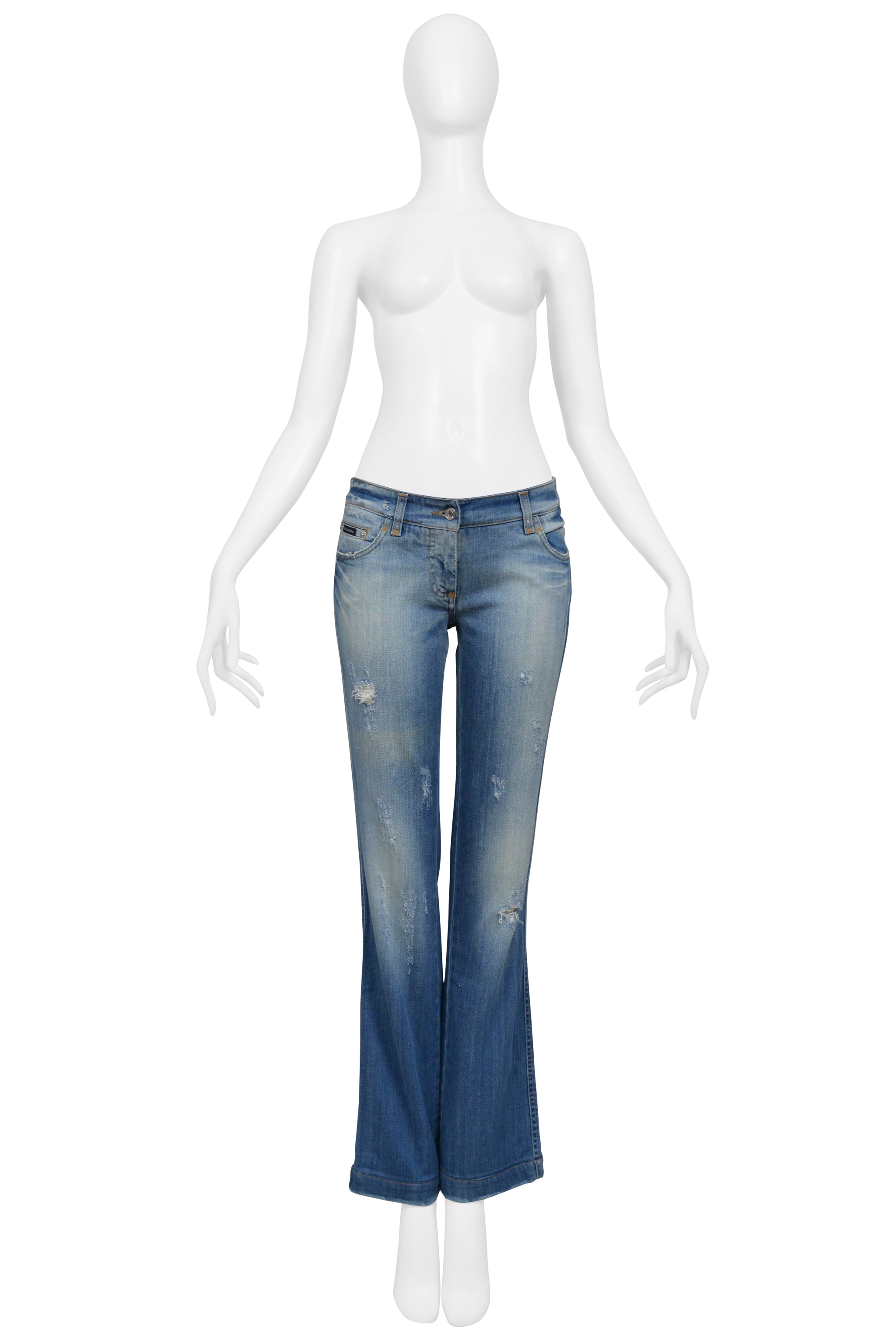 DOLCE & GABBANA DISTRESSED BLUE DENIM JEANS WITH RHINESTONE D&G BADGE