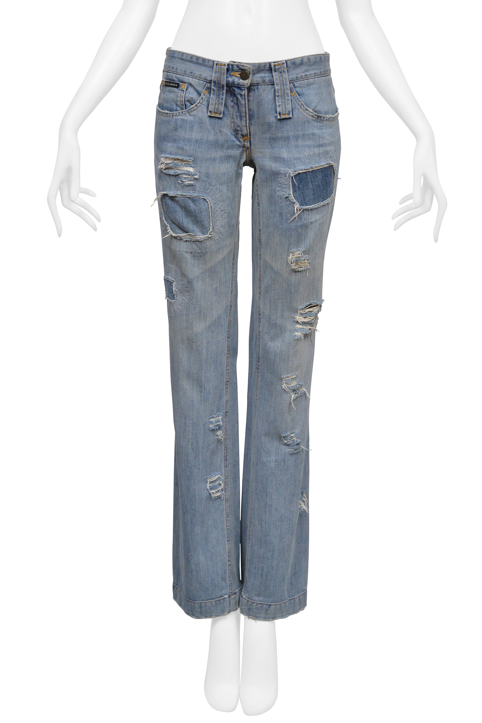 DOLCE & GABBANA DISTRESSED BLUE DENIM JEANS WITH PATCHES