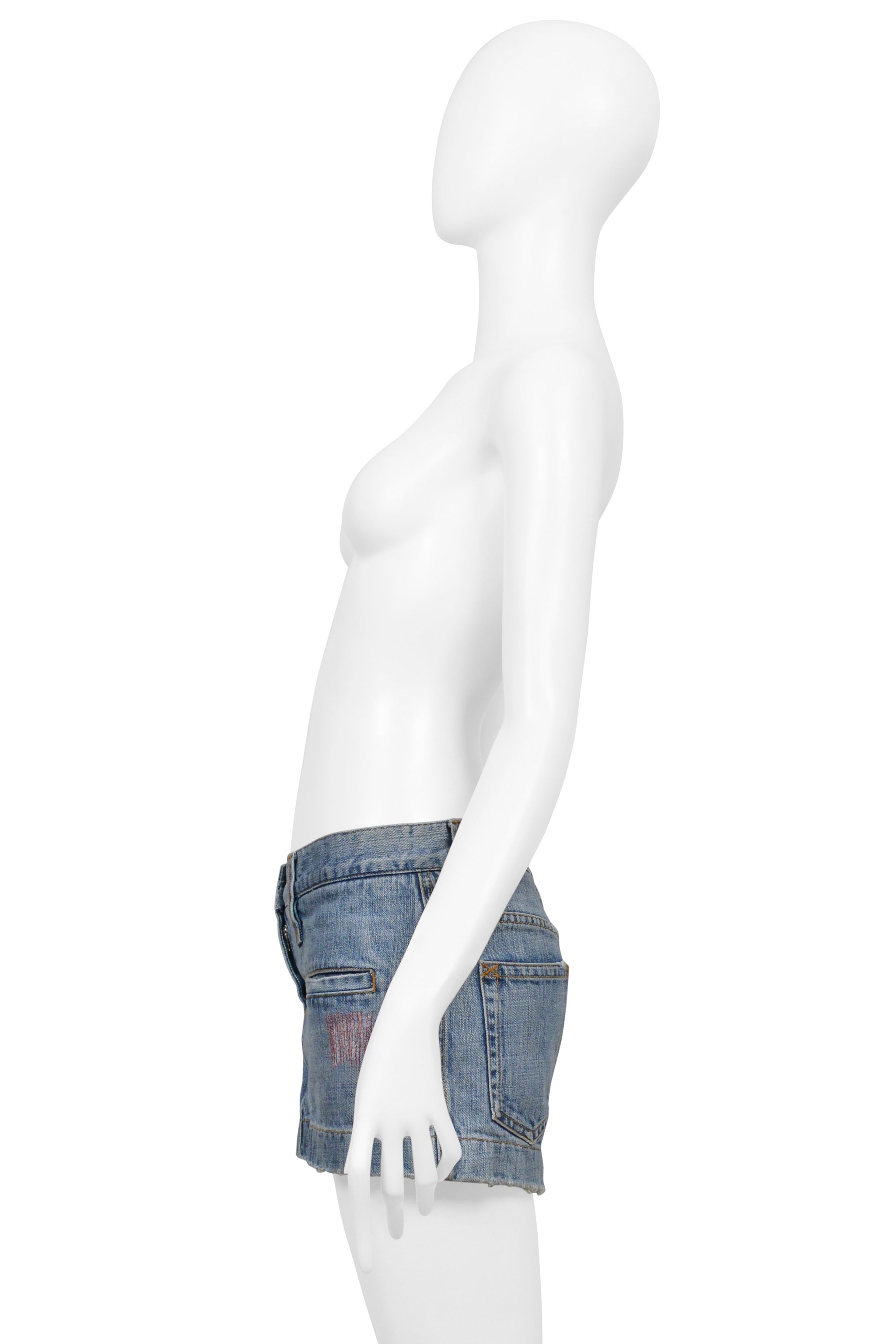 DOLCE & GABBANA DISTRESSED BLUE DENIM SUPER-MINI SKIRT WITH GOLD STITCHING