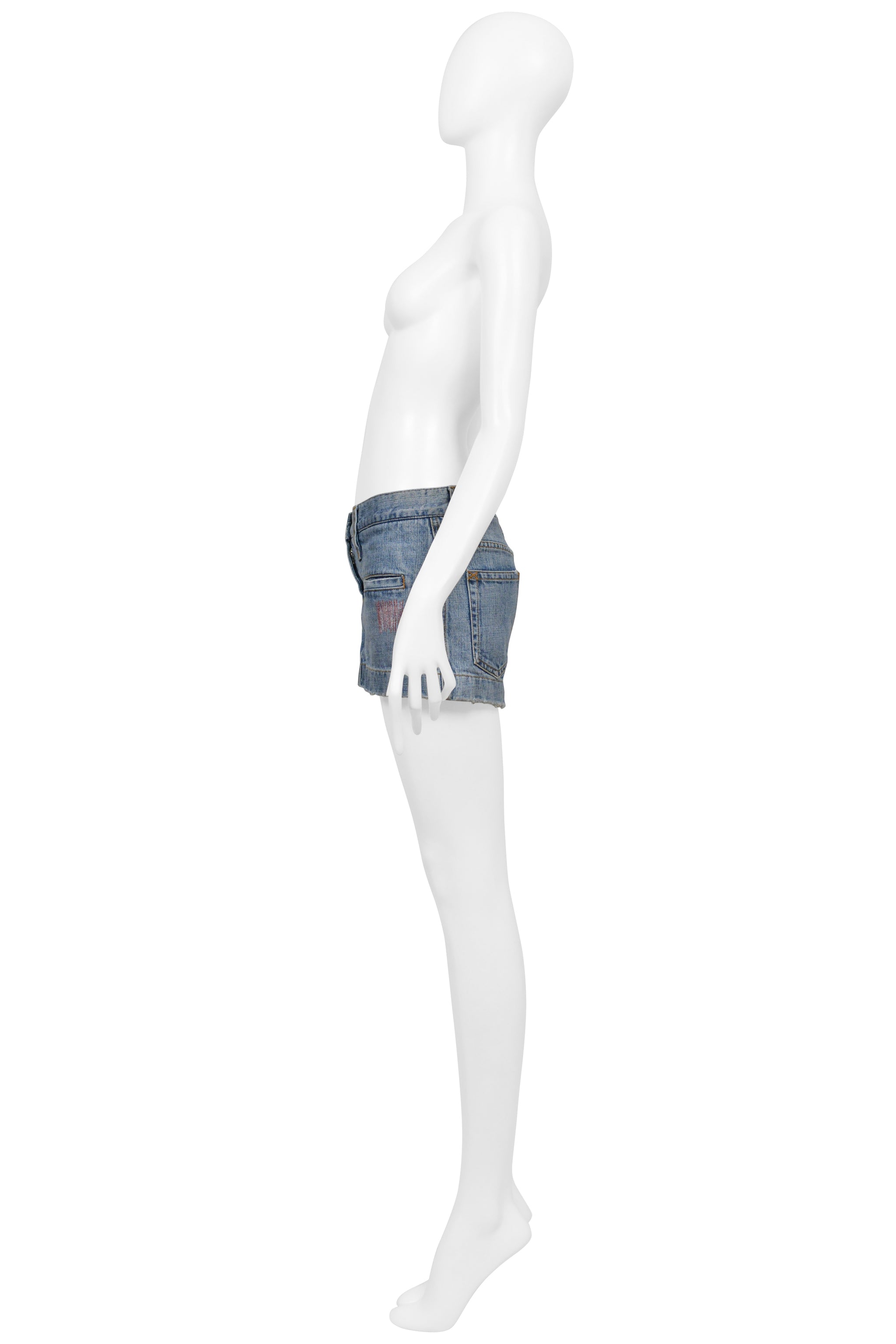 DOLCE & GABBANA DISTRESSED BLUE DENIM SUPER-MINI SKIRT WITH GOLD STITCHING