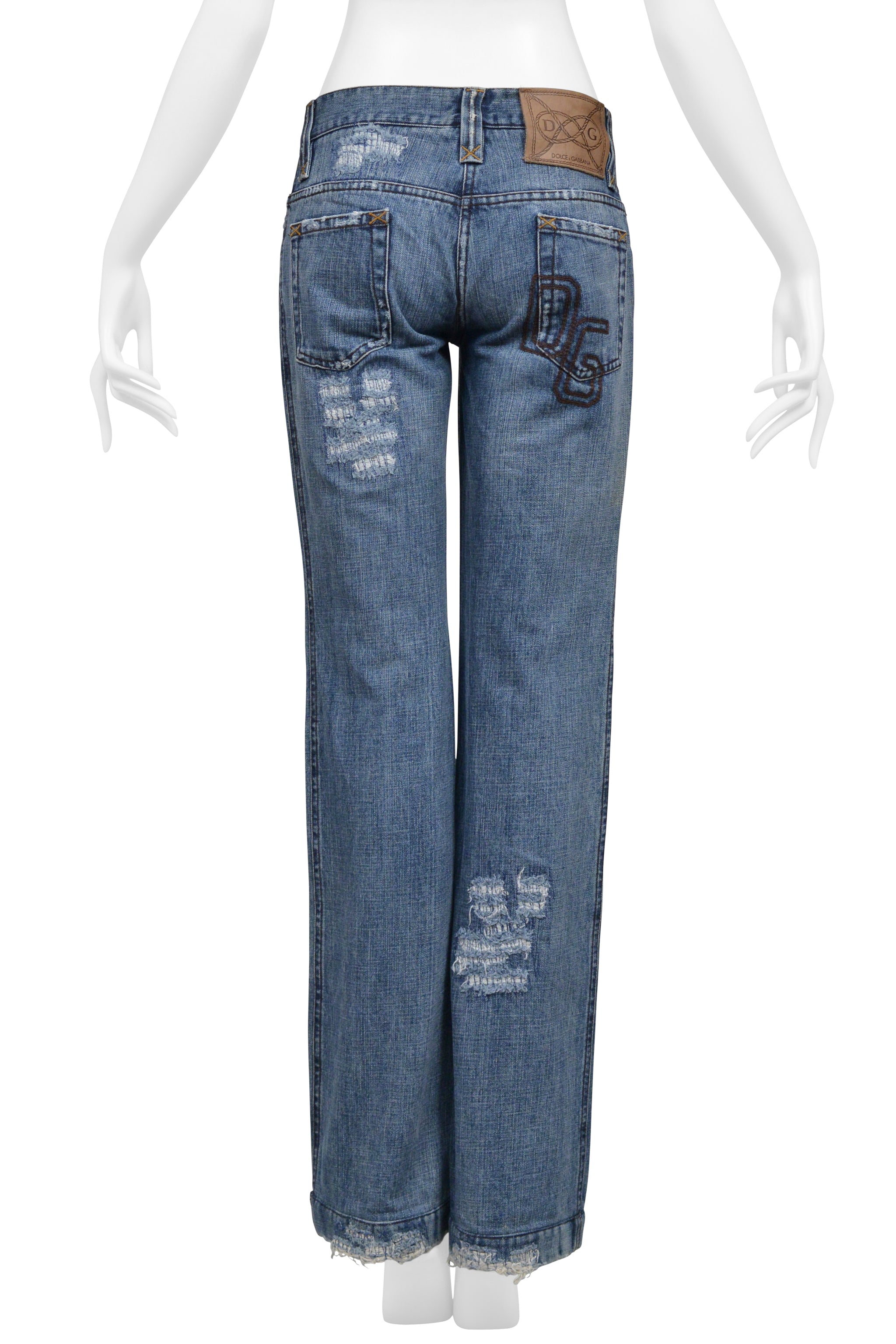 DOLCE & GABBANA DISTRESSED BLUE DENIM WESTERN JEANS WITH HEAVY STITCHING
