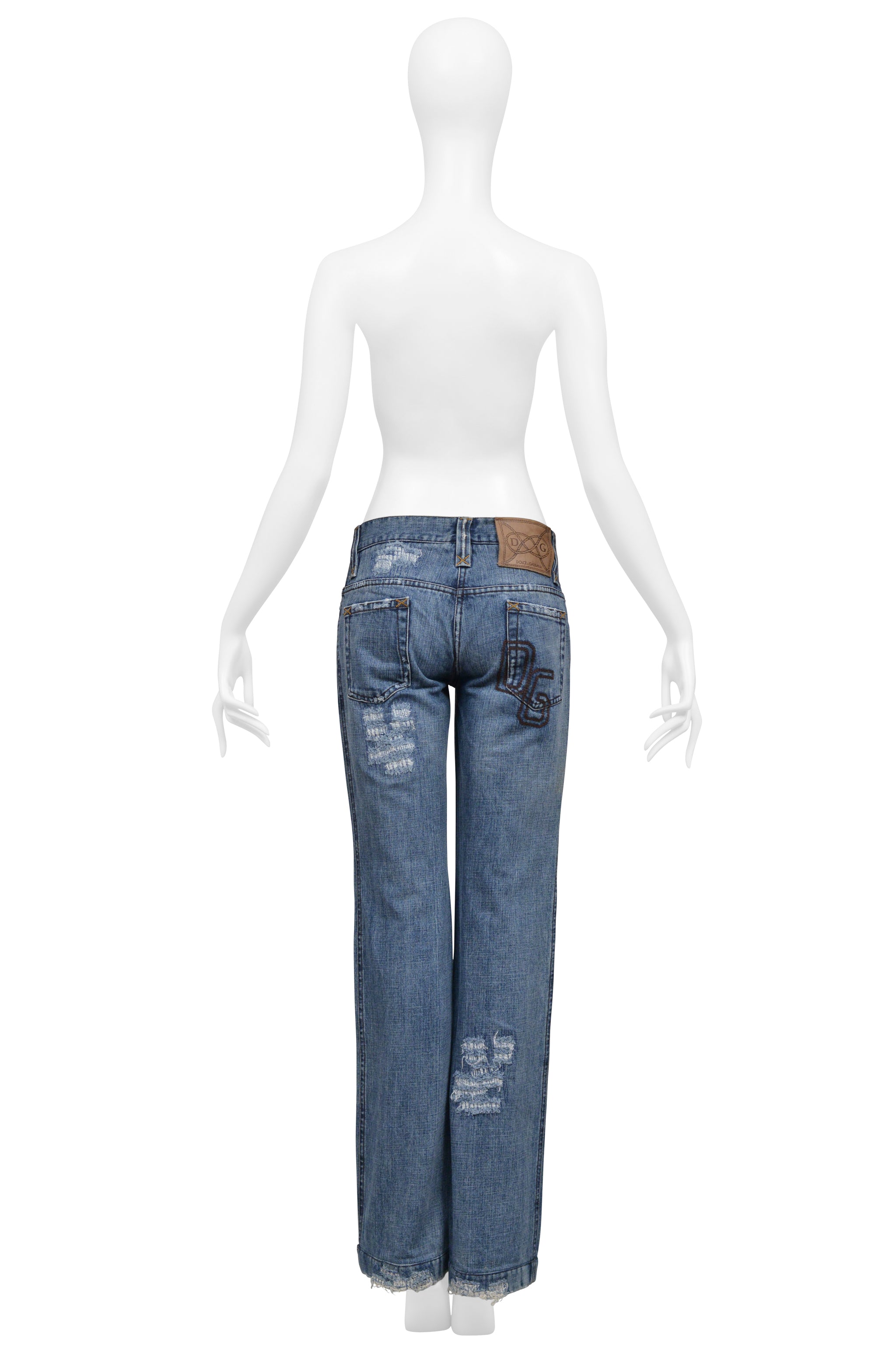 DOLCE & GABBANA DISTRESSED BLUE DENIM WESTERN JEANS WITH HEAVY STITCHING