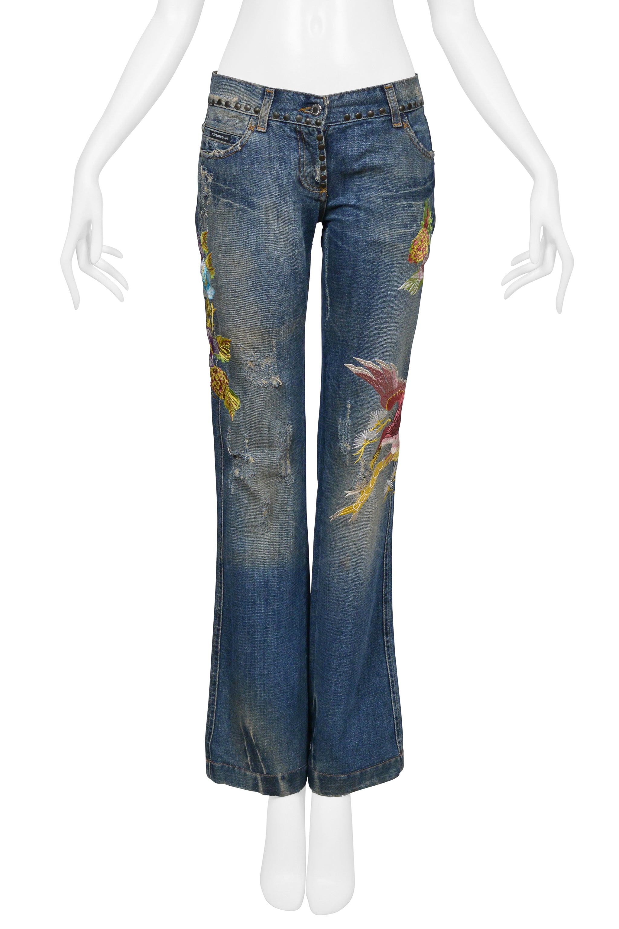DOLCE & GABBANA DISTRESSED BLUE DENIM "HAWAII" JEANS WITH EMBROIDERY