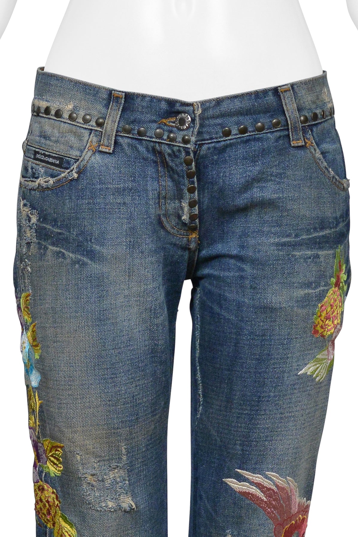 DOLCE & GABBANA DISTRESSED BLUE DENIM "HAWAII" JEANS WITH EMBROIDERY