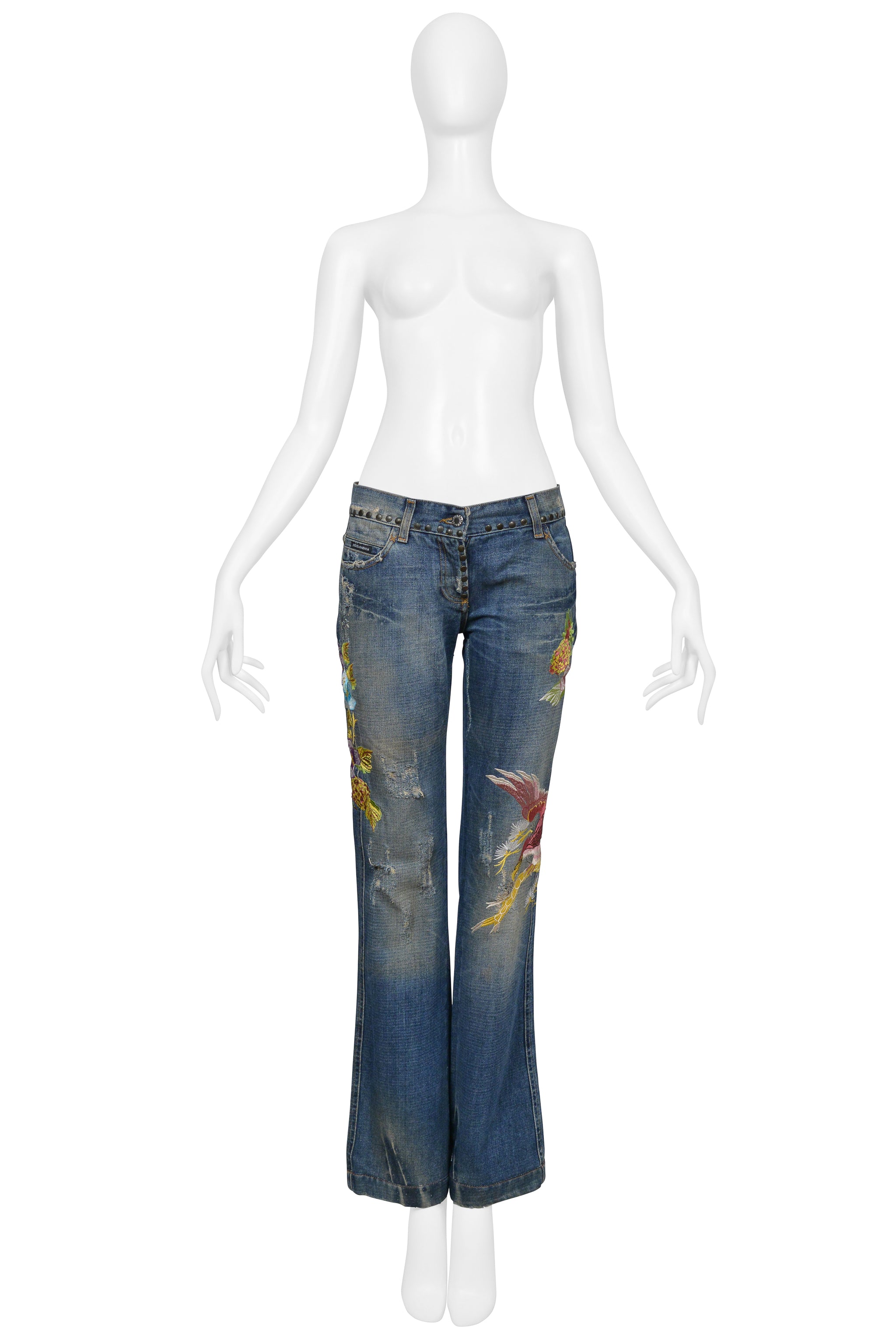 DOLCE & GABBANA DISTRESSED BLUE DENIM "HAWAII" JEANS WITH EMBROIDERY