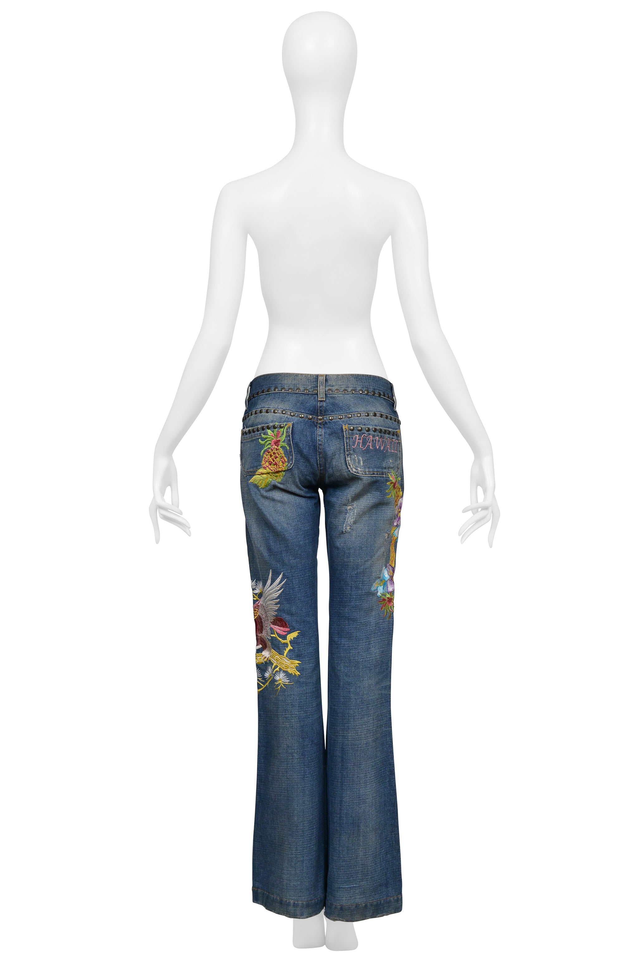 DOLCE & GABBANA DISTRESSED BLUE DENIM "HAWAII" JEANS WITH EMBROIDERY