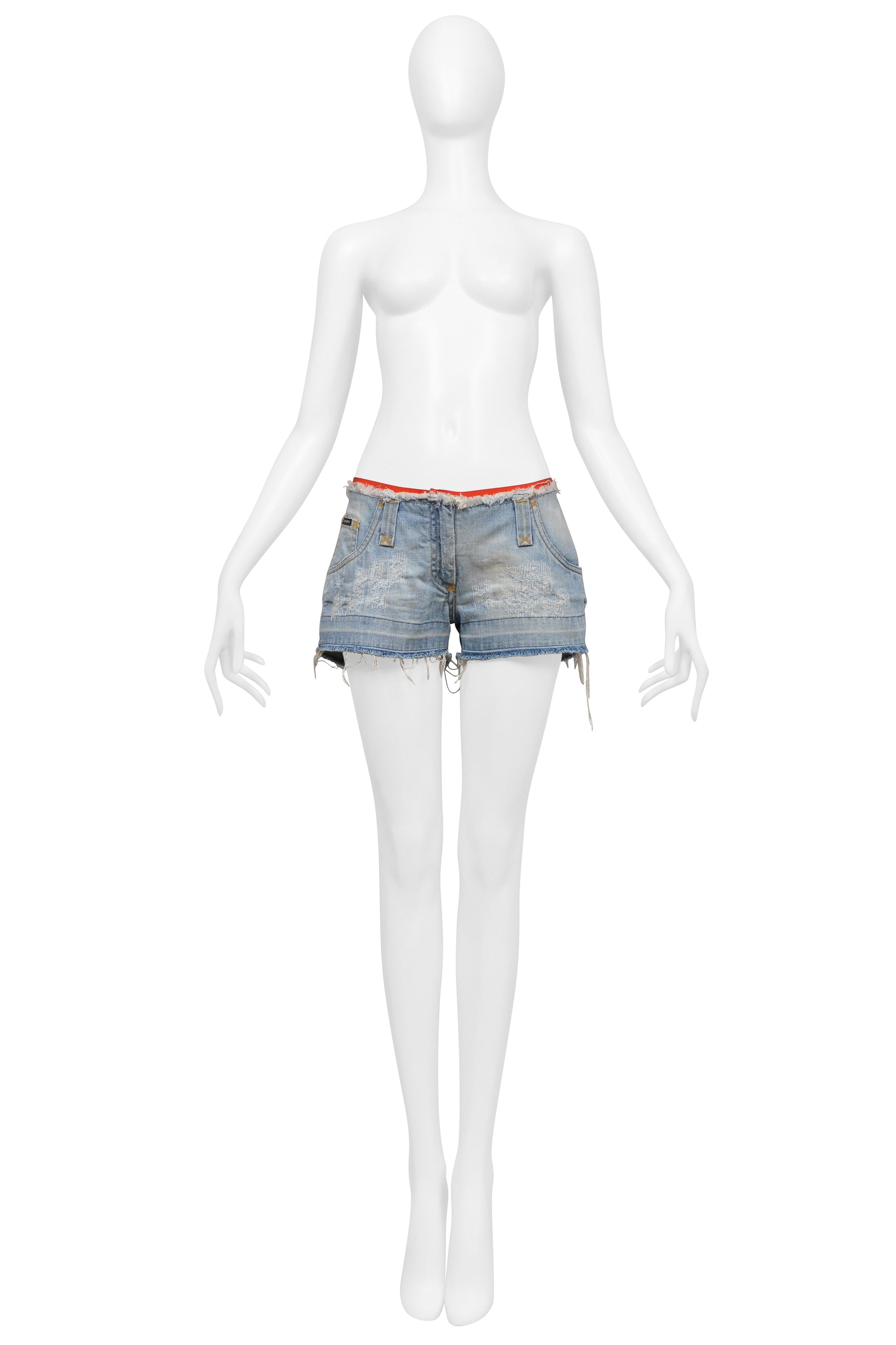 DOLCE & GABBANA DISTRESSED DENIM SUPER MINI SHORTS WITH RED TRIM