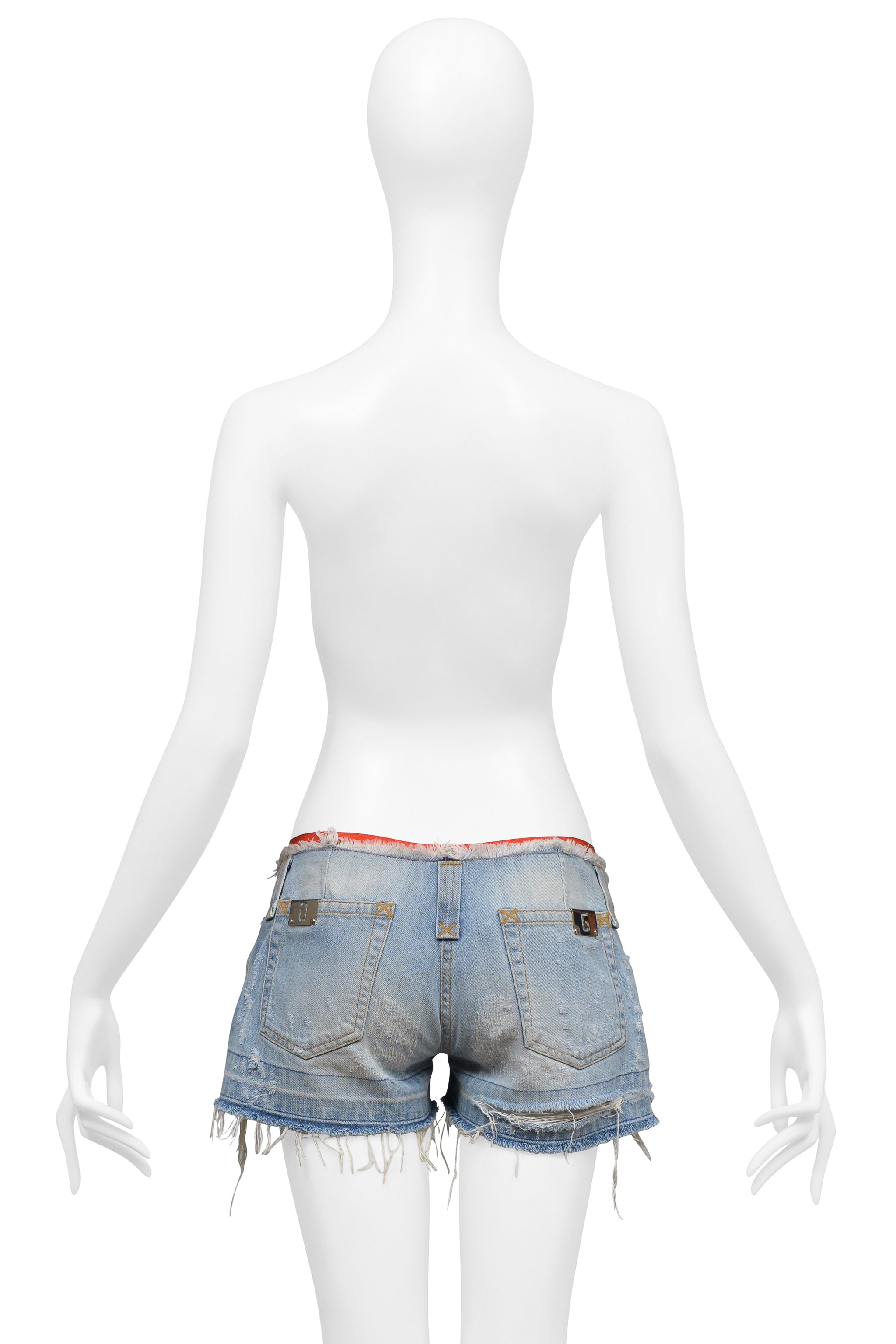 DOLCE & GABBANA DISTRESSED DENIM SUPER MINI SHORTS WITH RED TRIM