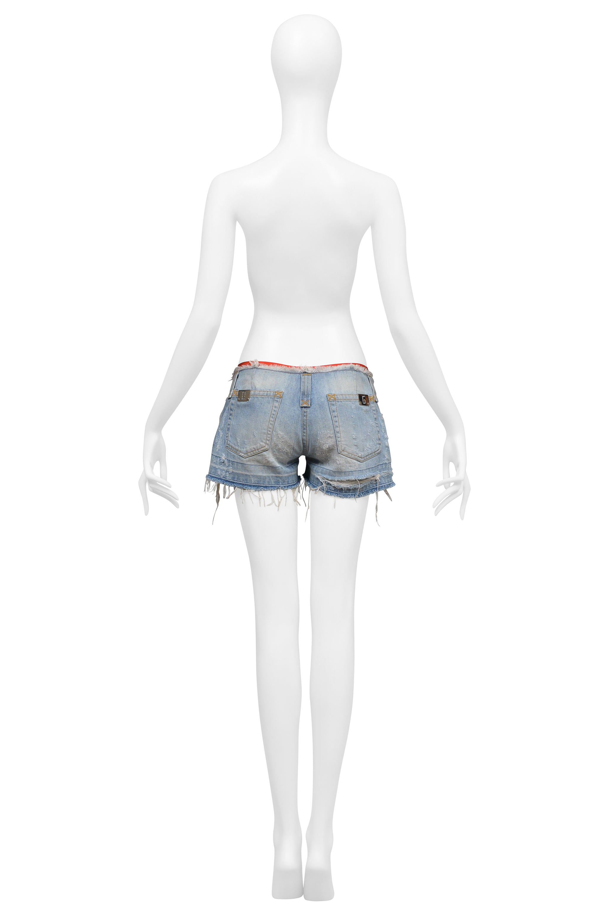 DOLCE & GABBANA DISTRESSED DENIM SUPER MINI SHORTS WITH RED TRIM