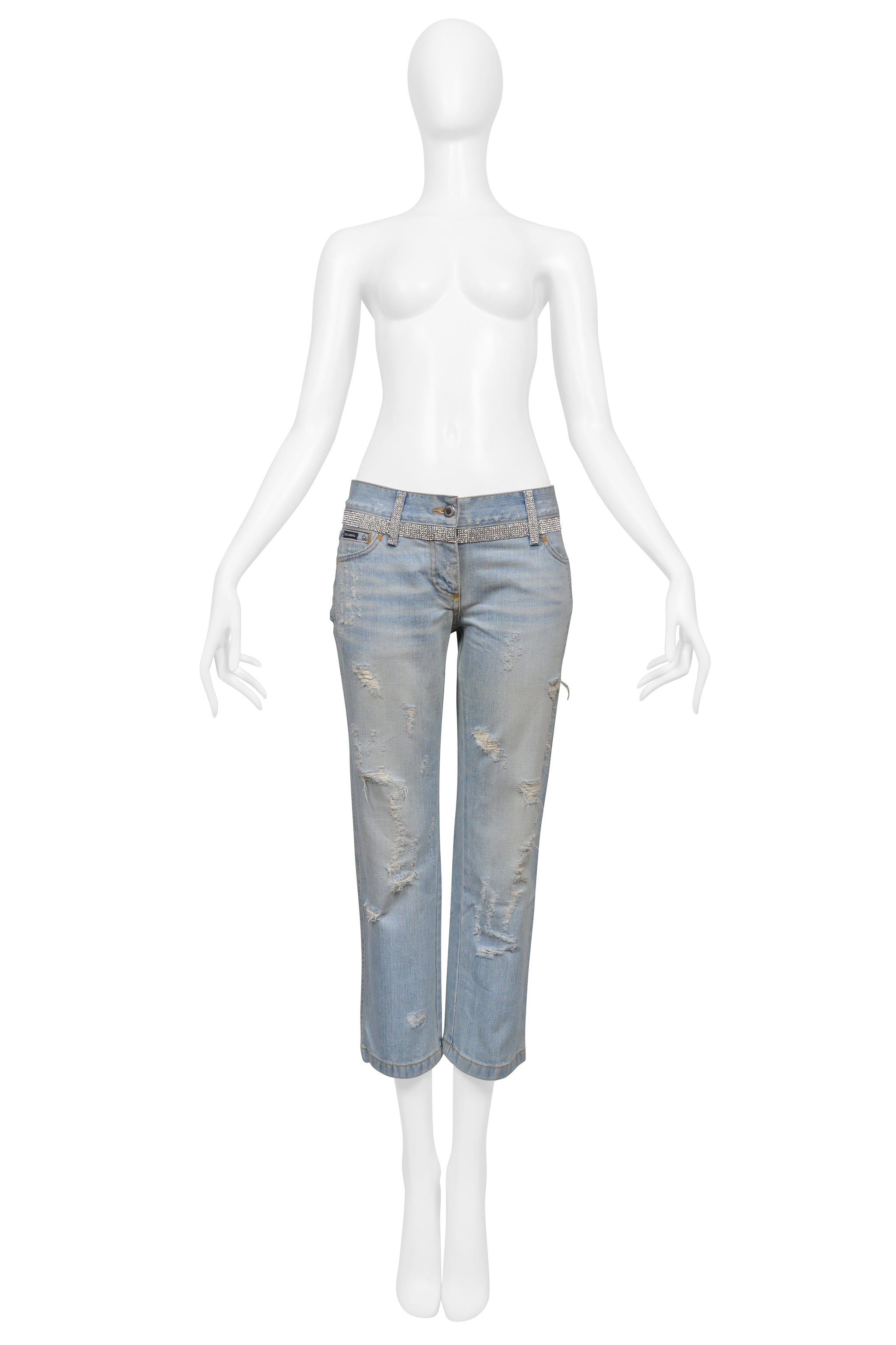 DOLCE & GABBANA DISTRESSED LIGHT BLUE DENIM CROPPEDJEANS WITH RHINESTONES
