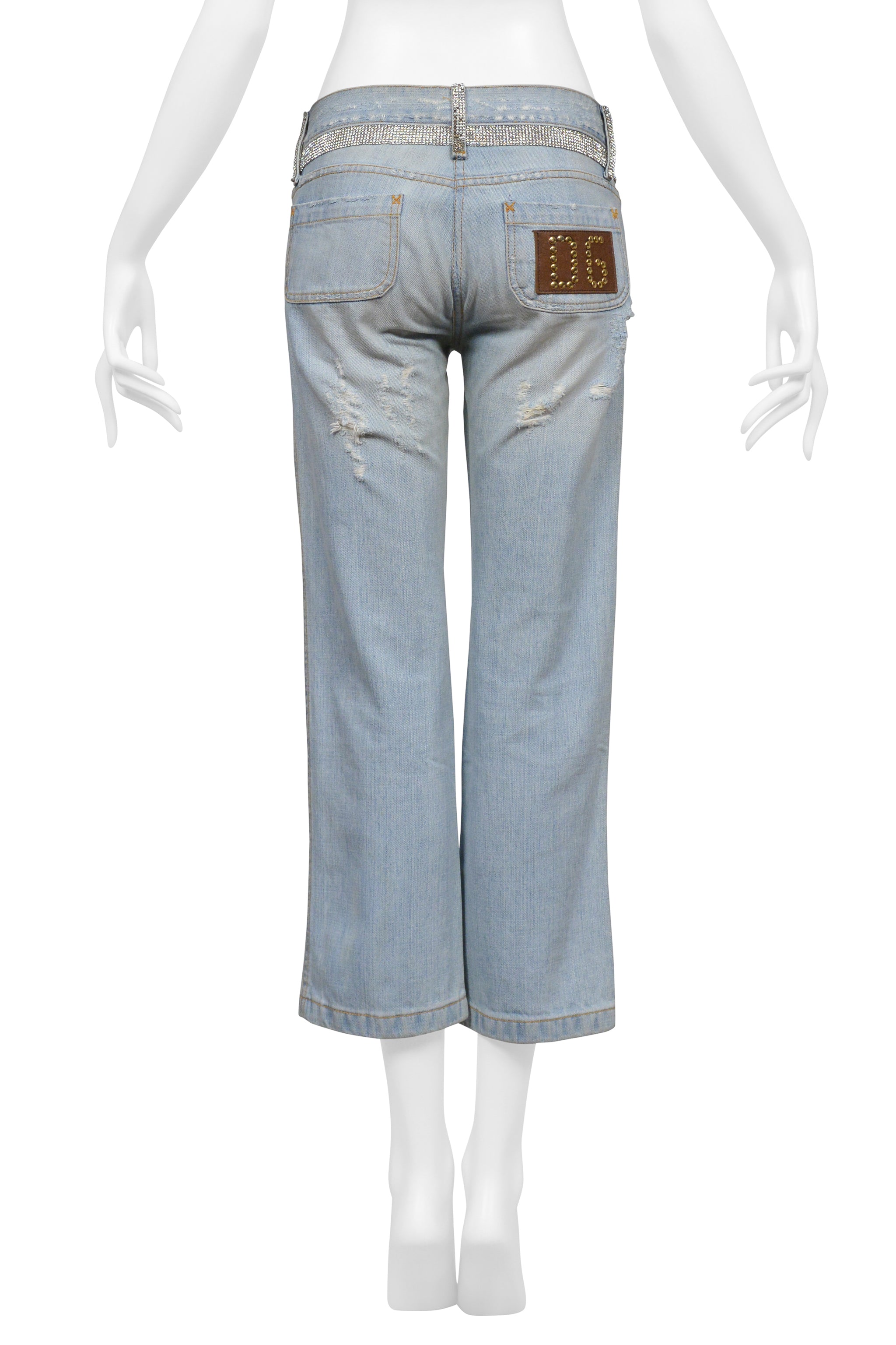 DOLCE & GABBANA DISTRESSED LIGHT BLUE DENIM CROPPEDJEANS WITH RHINESTONES