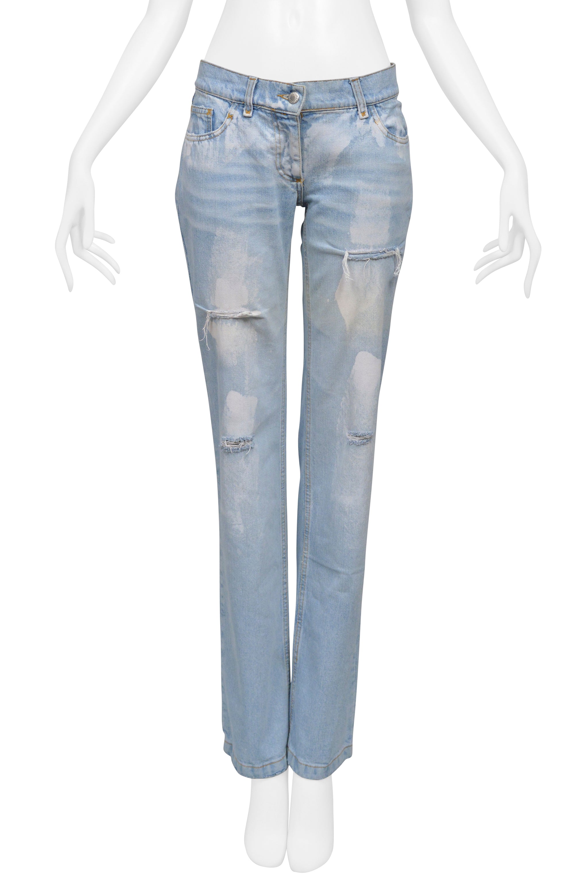 DOLCE & GABBANA DISTRESSED LIGHT BLUE DENIM JEANS W WHITE PAINT MARKS