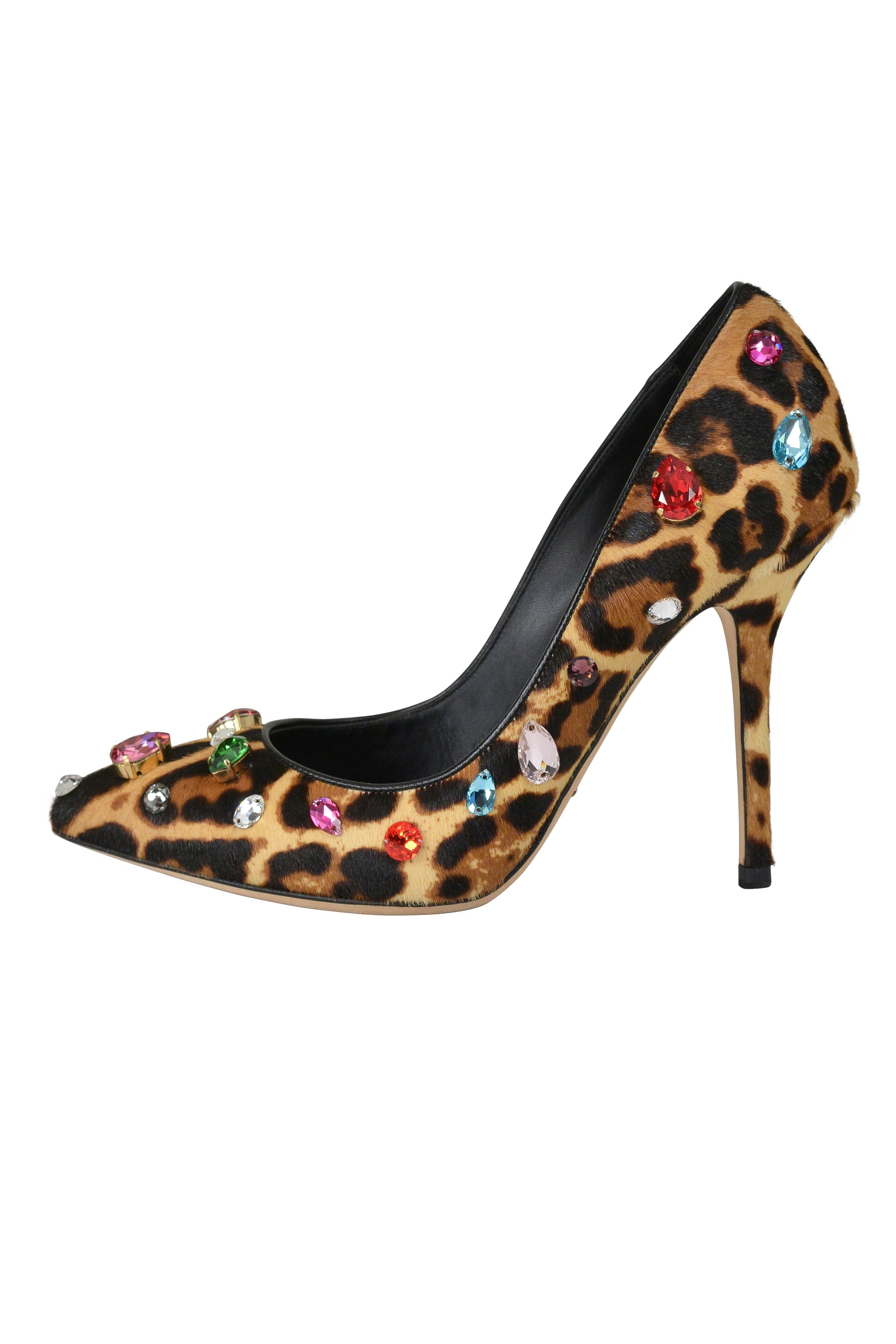 DOLCE & GABBANA LEOPARD PRINT PUMPS WITH MULTI COLOR JEWELS
