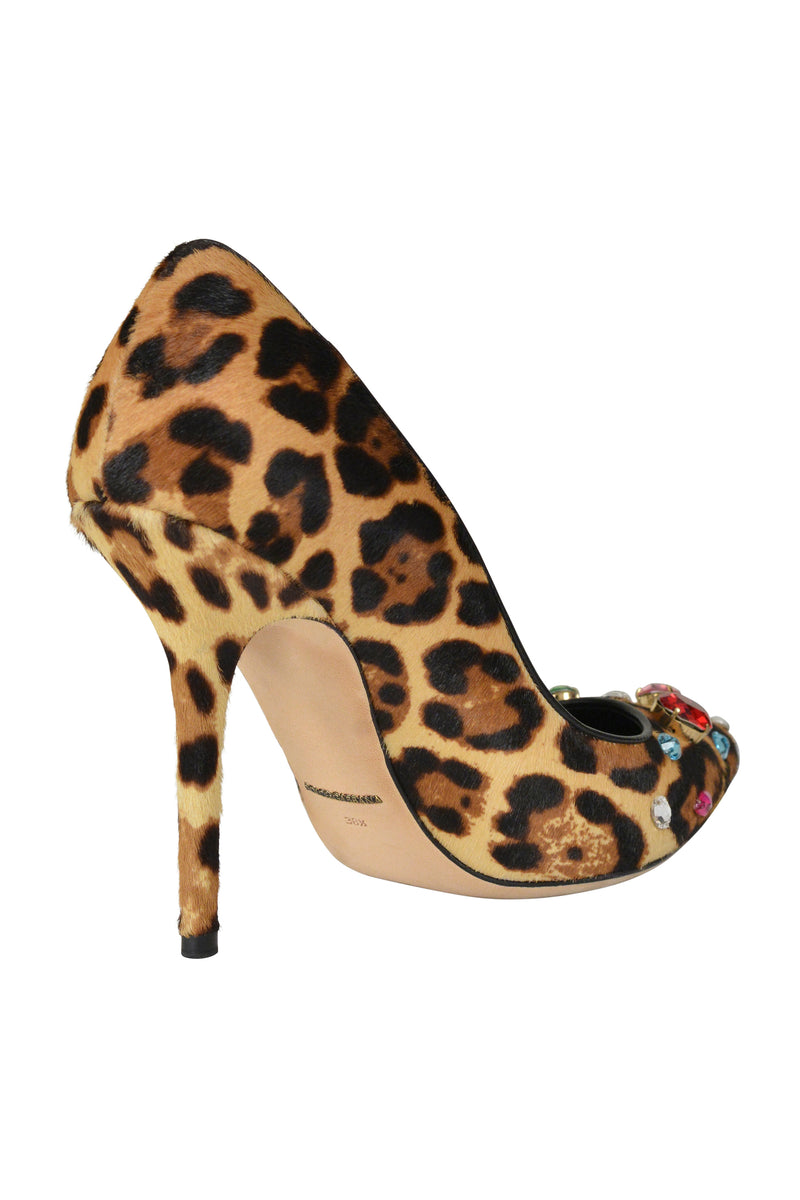 DOLCE & GABBANA LEOPARD PRINT PUMPS WITH MULTI COLOR JEWELS