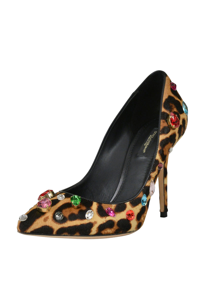 DOLCE & GABBANA LEOPARD PRINT PUMPS WITH MULTI COLOR JEWELS