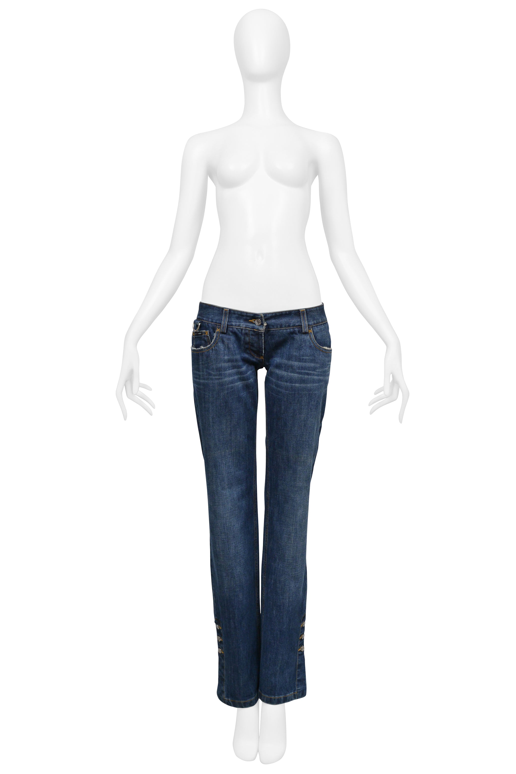 DOLCE & GABBANA LOW RISE BLUE DENIM JEANS WITH D-RINGS AND ANKLE BUTTONS