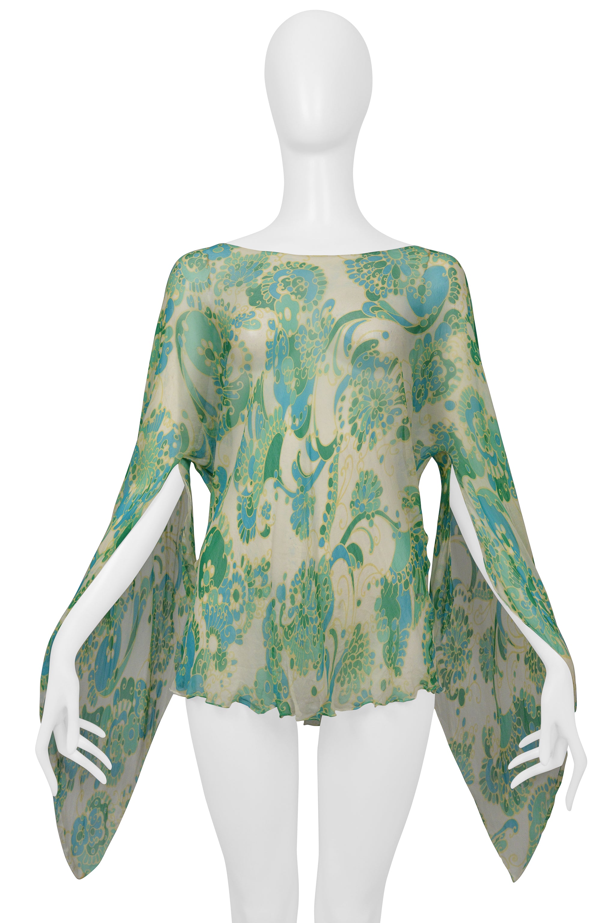 DOLCE & GABBANA OFF WHITE CHIFFON BLOUSE WITH BLUE & GREEN PSYCHEDELIC PRINT