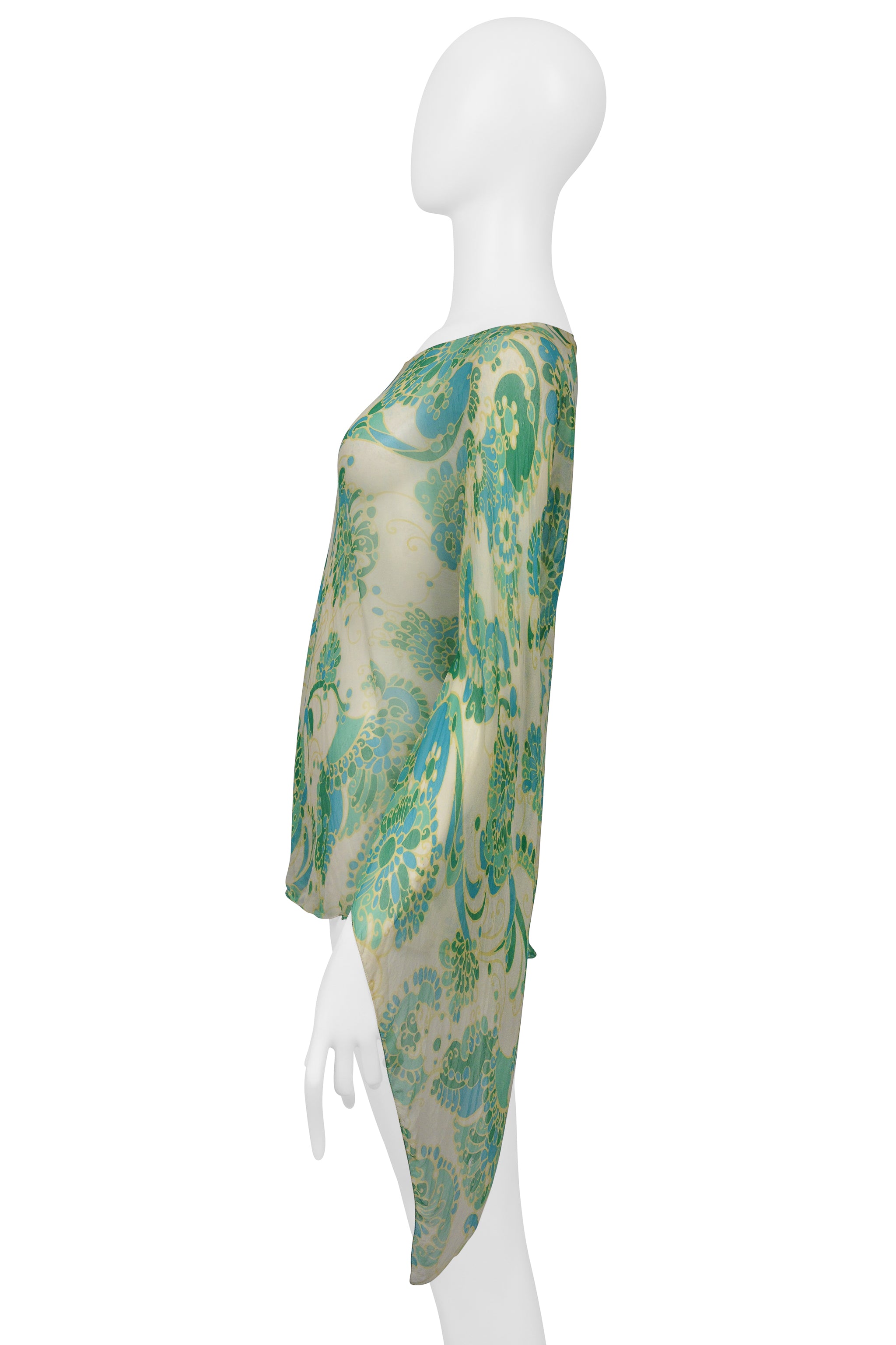 DOLCE & GABBANA OFF WHITE CHIFFON BLOUSE WITH BLUE & GREEN PSYCHEDELIC PRINT
