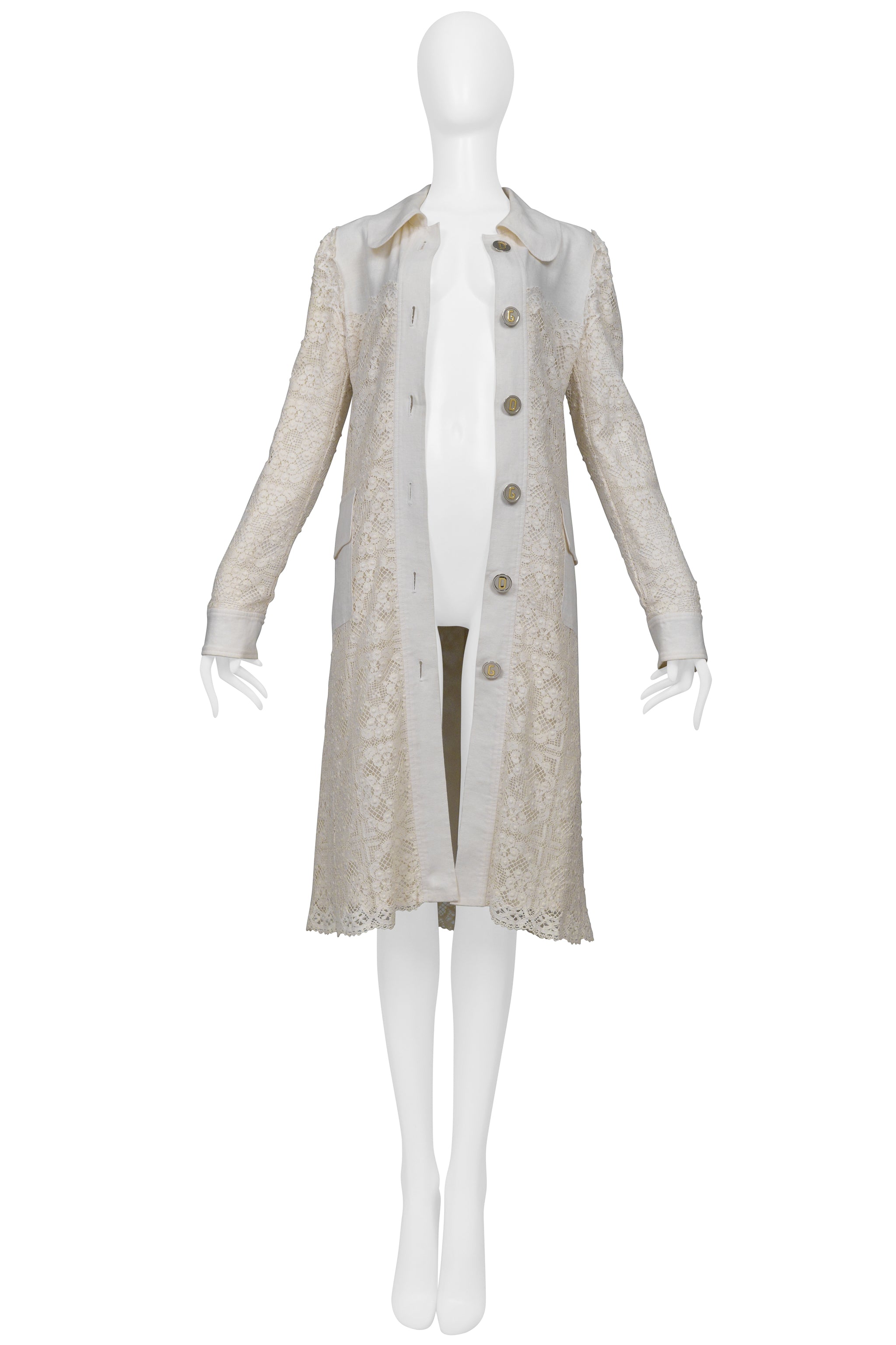 DOLCE & GABBANA OFF WHITE LACE COAT WITH D&G BUTTONS