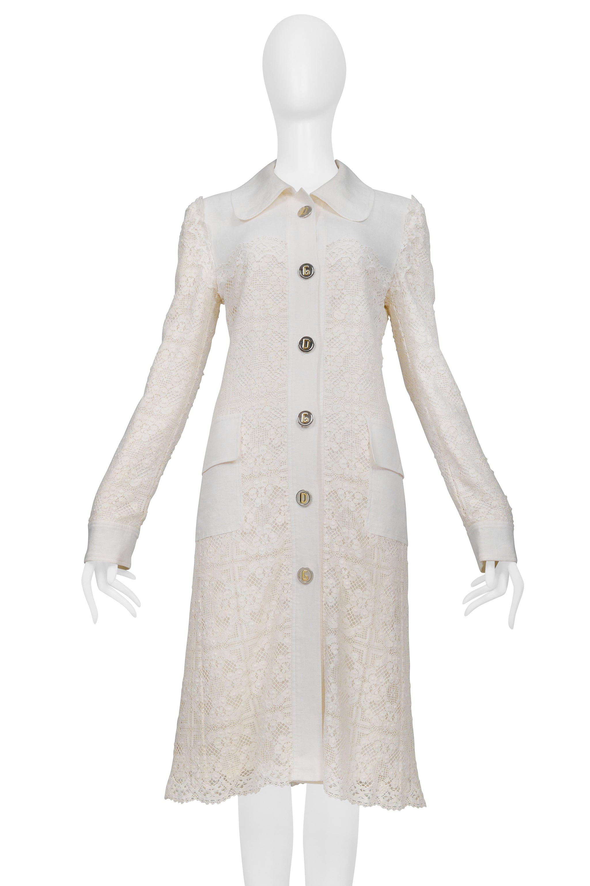 DOLCE & GABBANA OFF WHITE LACE COAT WITH D&G BUTTONS