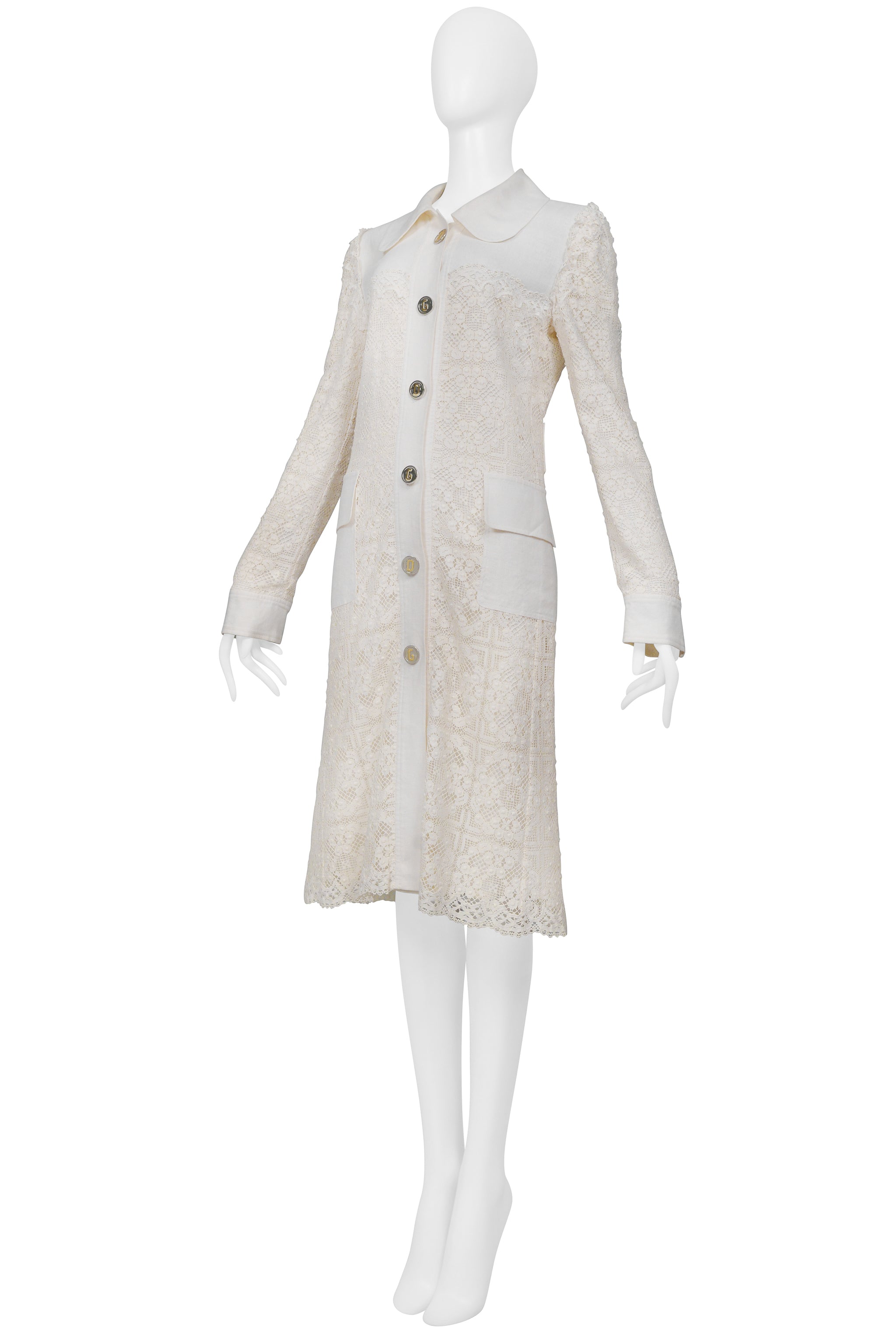 DOLCE & GABBANA OFF WHITE LACE COAT WITH D&G BUTTONS