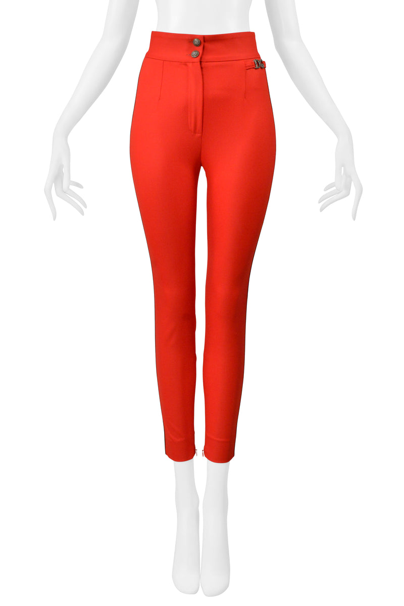 DOLCE & GABBANA RED SKINNY PANTS WITH BLACK PIPING AND LOGO