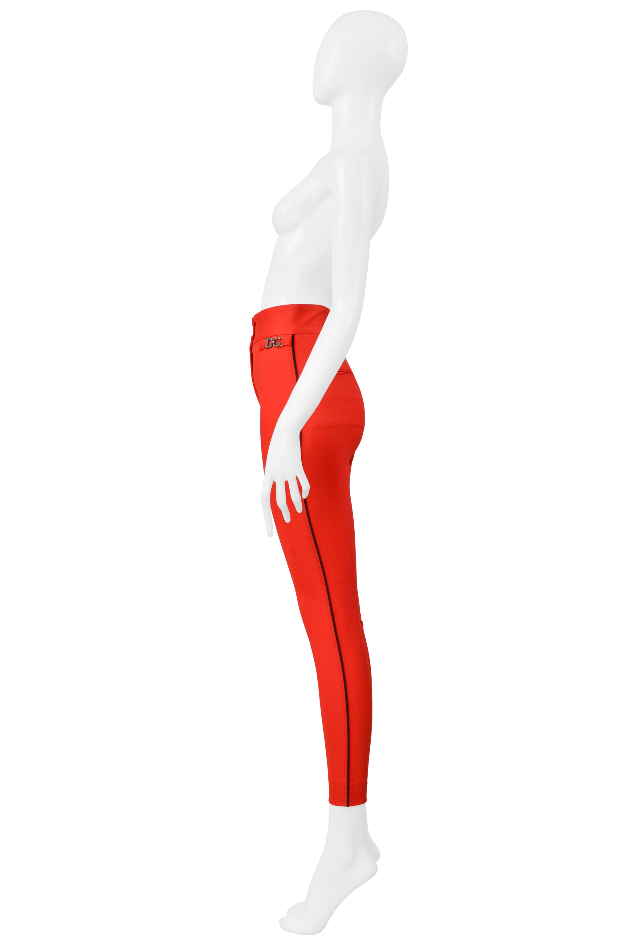 DOLCE & GABBANA RED SKINNY PANTS WITH BLACK PIPING AND LOGO