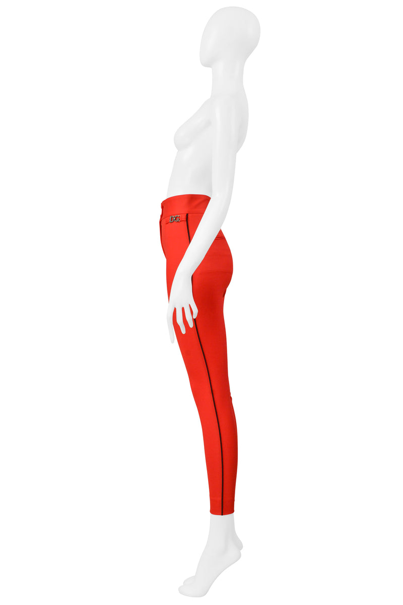 DOLCE & GABBANA RED SKINNY PANTS WITH BLACK PIPING AND LOGO