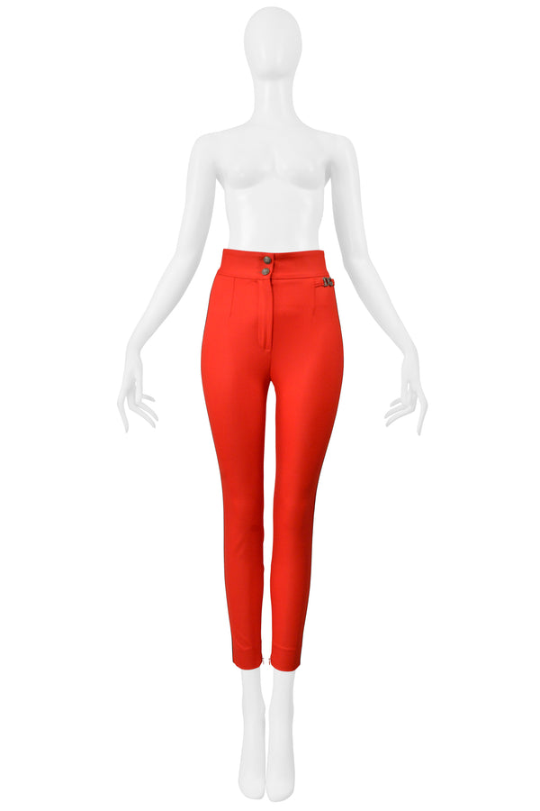 DOLCE & GABBANA RED SKINNY PANTS WITH BLACK PIPING AND LOGO