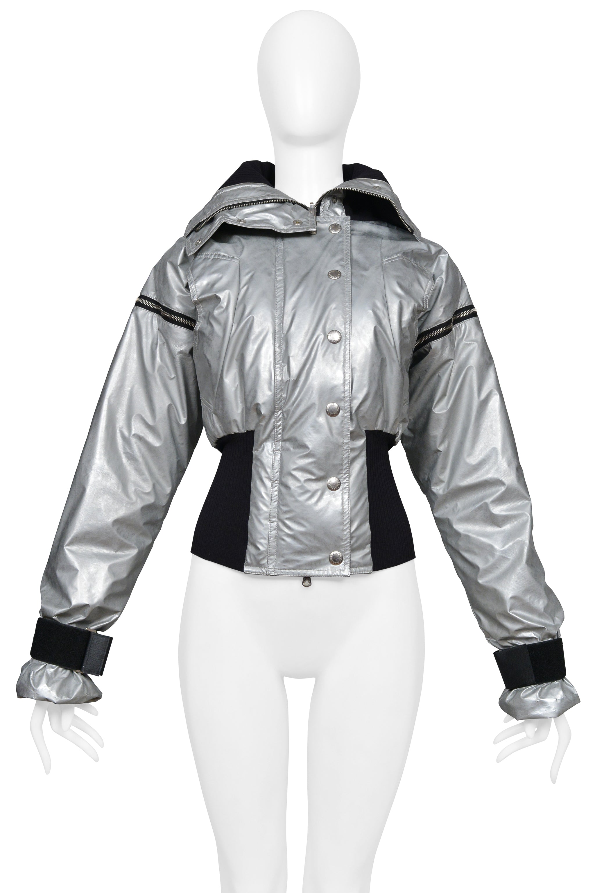 DOLCE & GABBANA SILVER METALLIC NYLON BOMBER WITH BLACK TRIM & ZIPPERS 2003