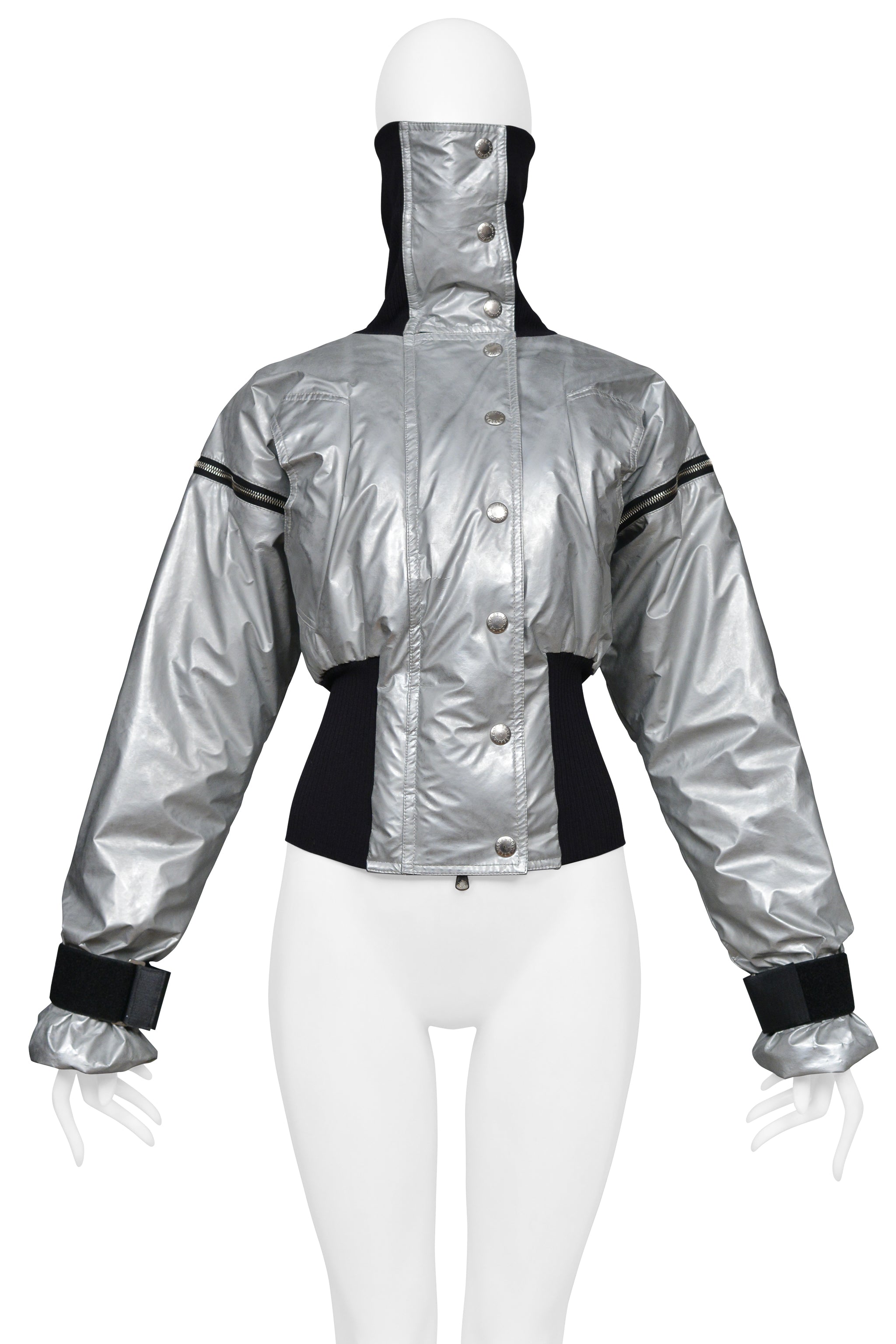 DOLCE & GABBANA SILVER METALLIC NYLON BOMBER WITH BLACK TRIM & ZIPPERS 2003