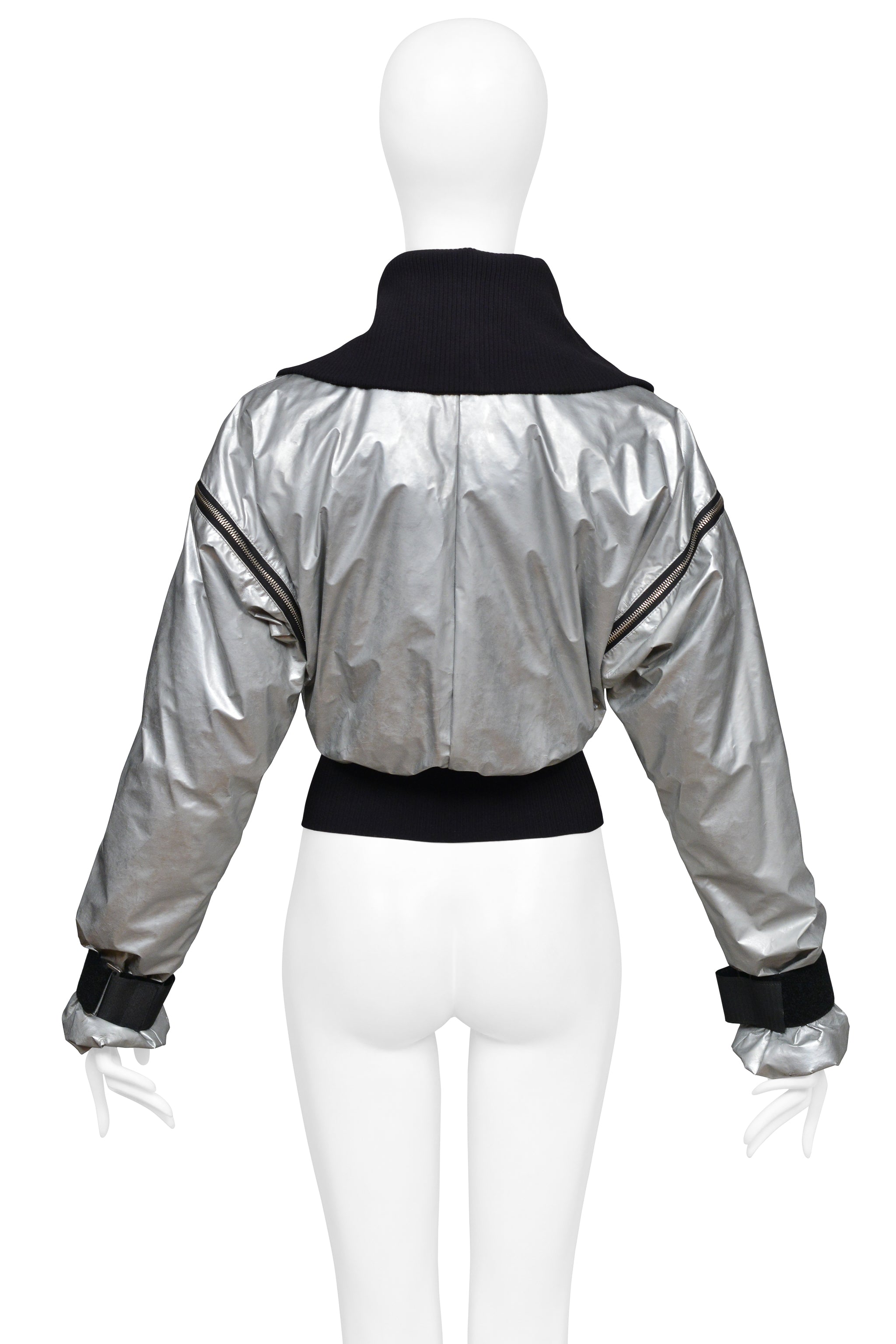 DOLCE & GABBANA SILVER METALLIC NYLON BOMBER WITH BLACK TRIM & ZIPPERS 2003
