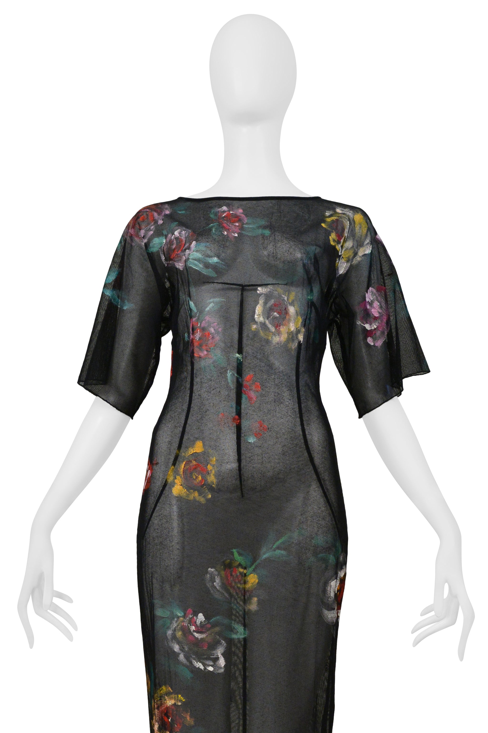 DOLCE & GABBANA BLACK MESH LONG DRESS WITH PAINTED ROSES 1998