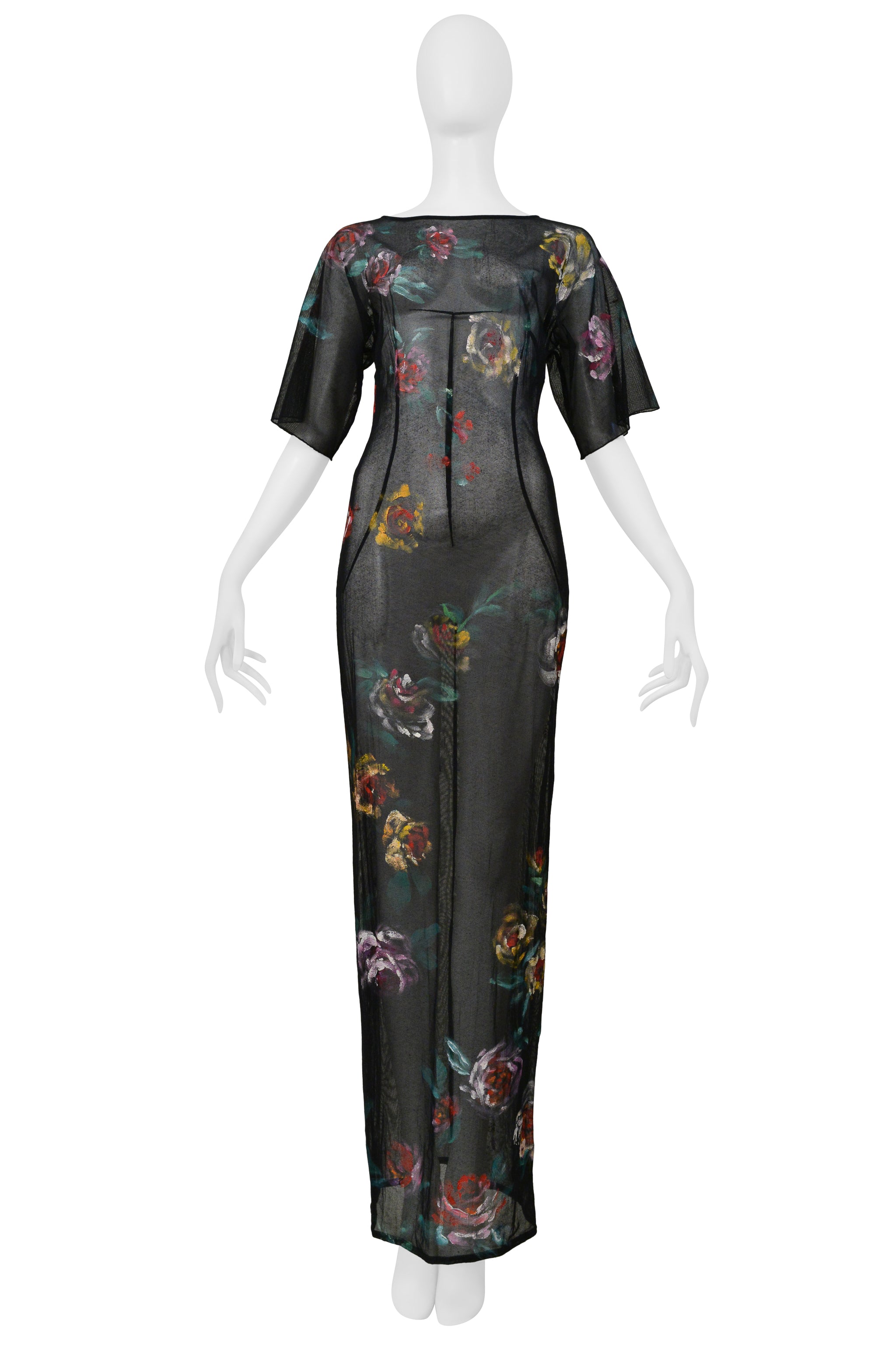 DOLCE & GABBANA BLACK MESH LONG DRESS WITH PAINTED ROSES 1998