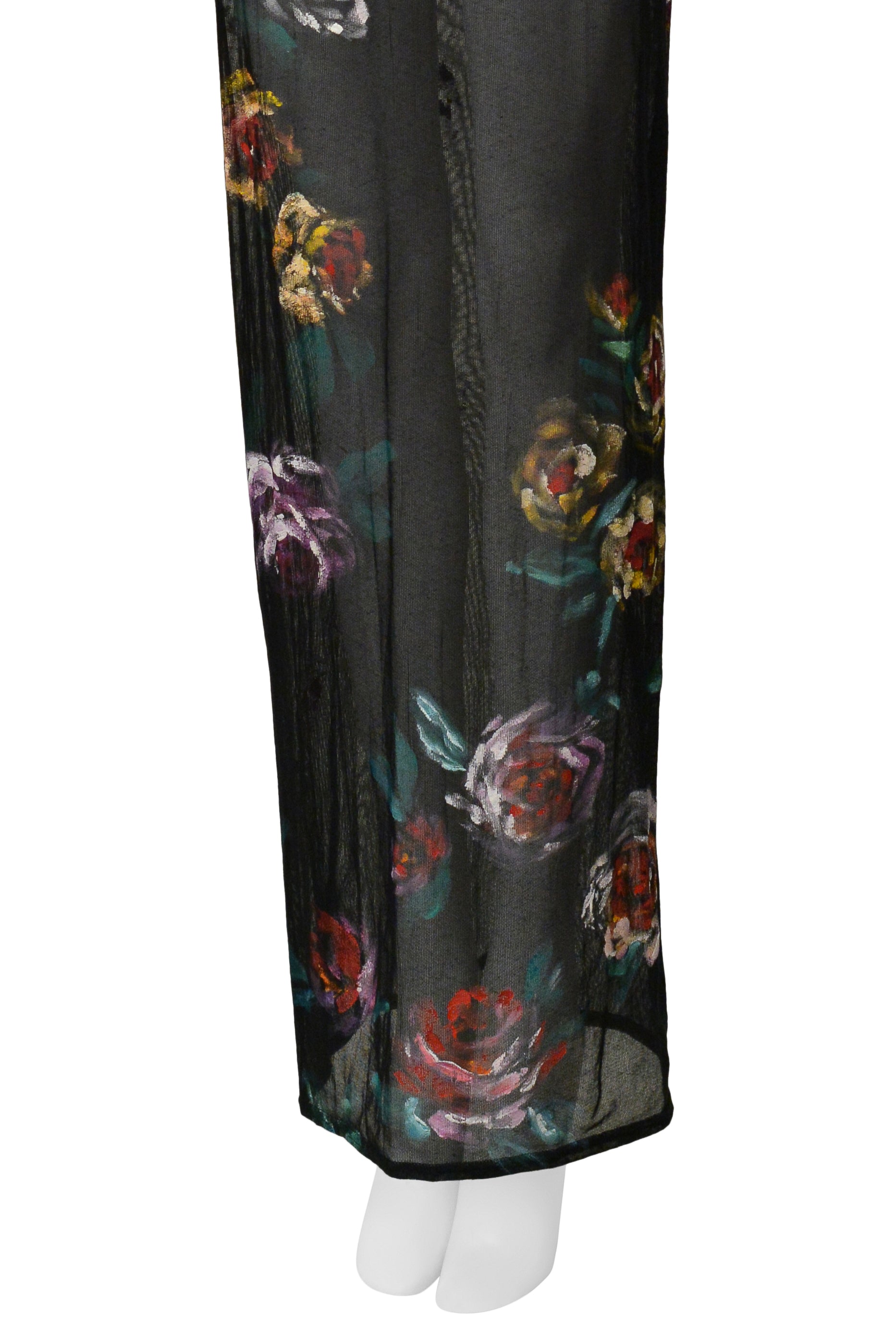 DOLCE & GABBANA BLACK MESH LONG DRESS WITH PAINTED ROSES 1998