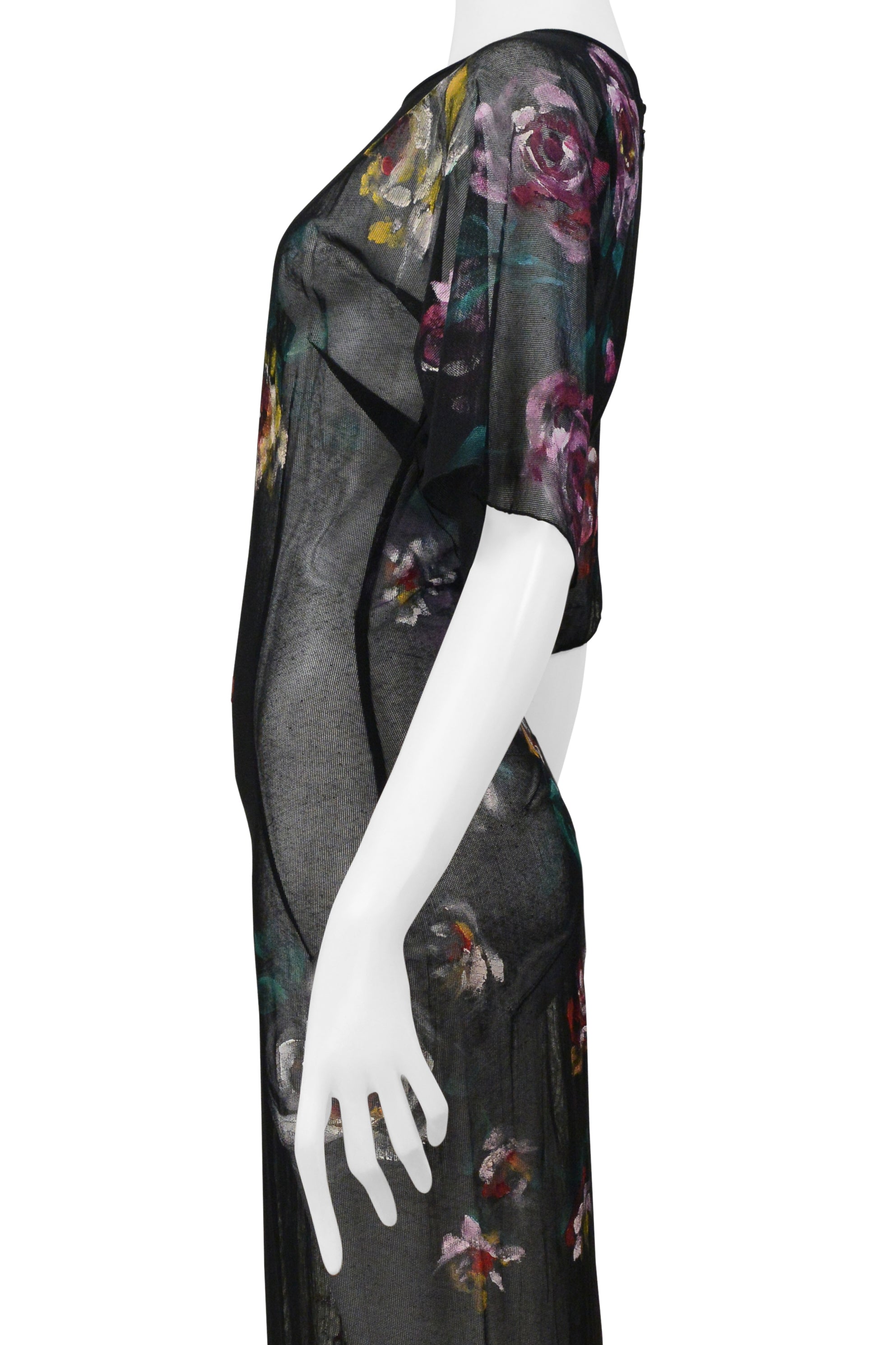 DOLCE & GABBANA BLACK MESH LONG DRESS WITH PAINTED ROSES 1998