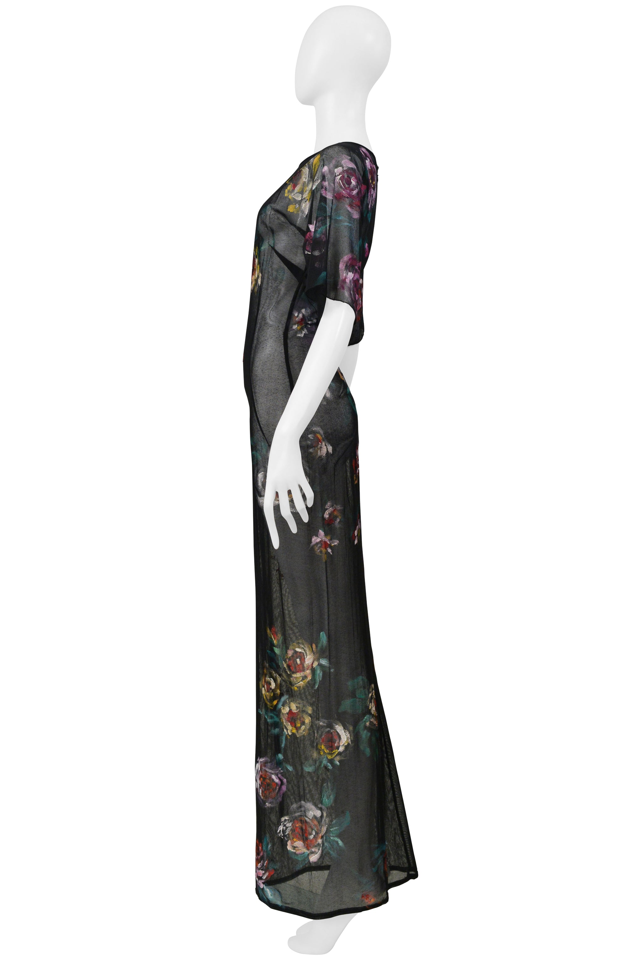 DOLCE & GABBANA BLACK MESH LONG DRESS WITH PAINTED ROSES 1998