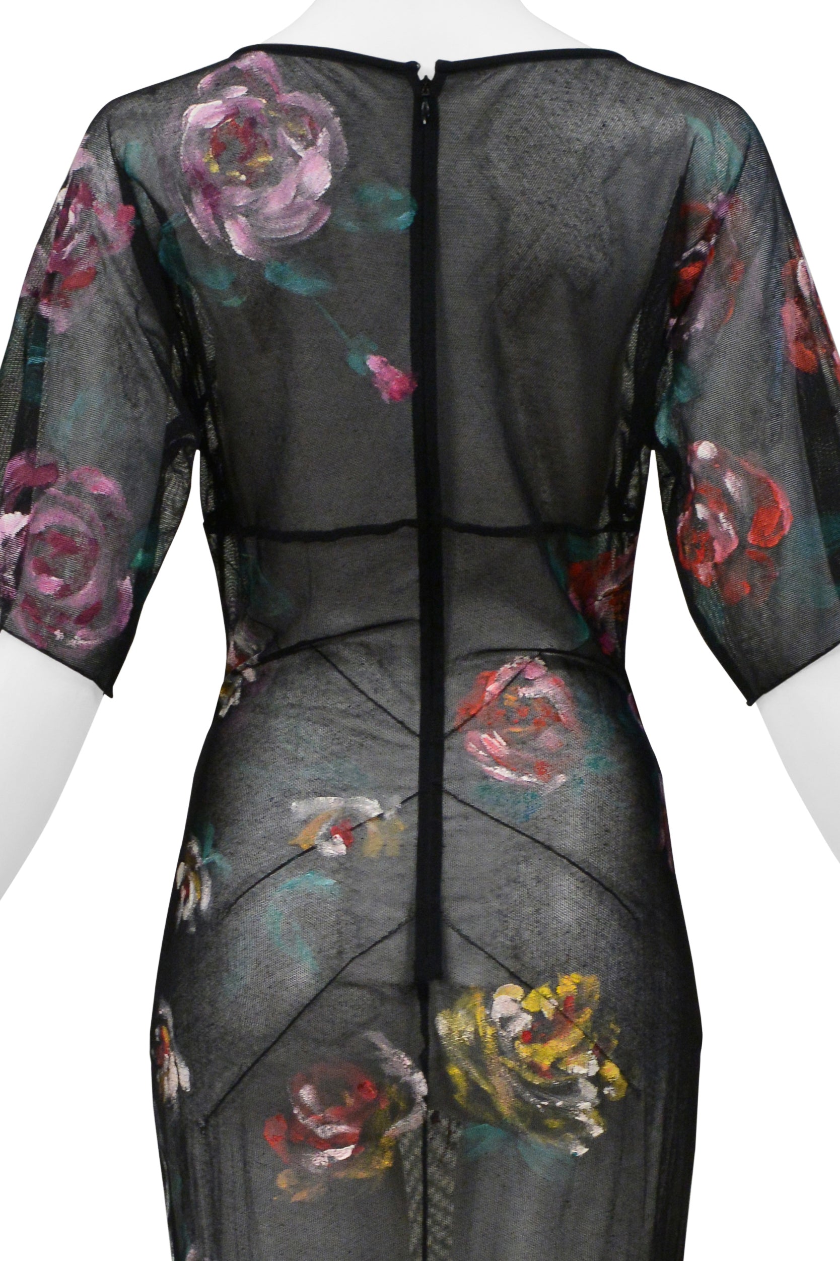 DOLCE & GABBANA BLACK MESH LONG DRESS WITH PAINTED ROSES 1998