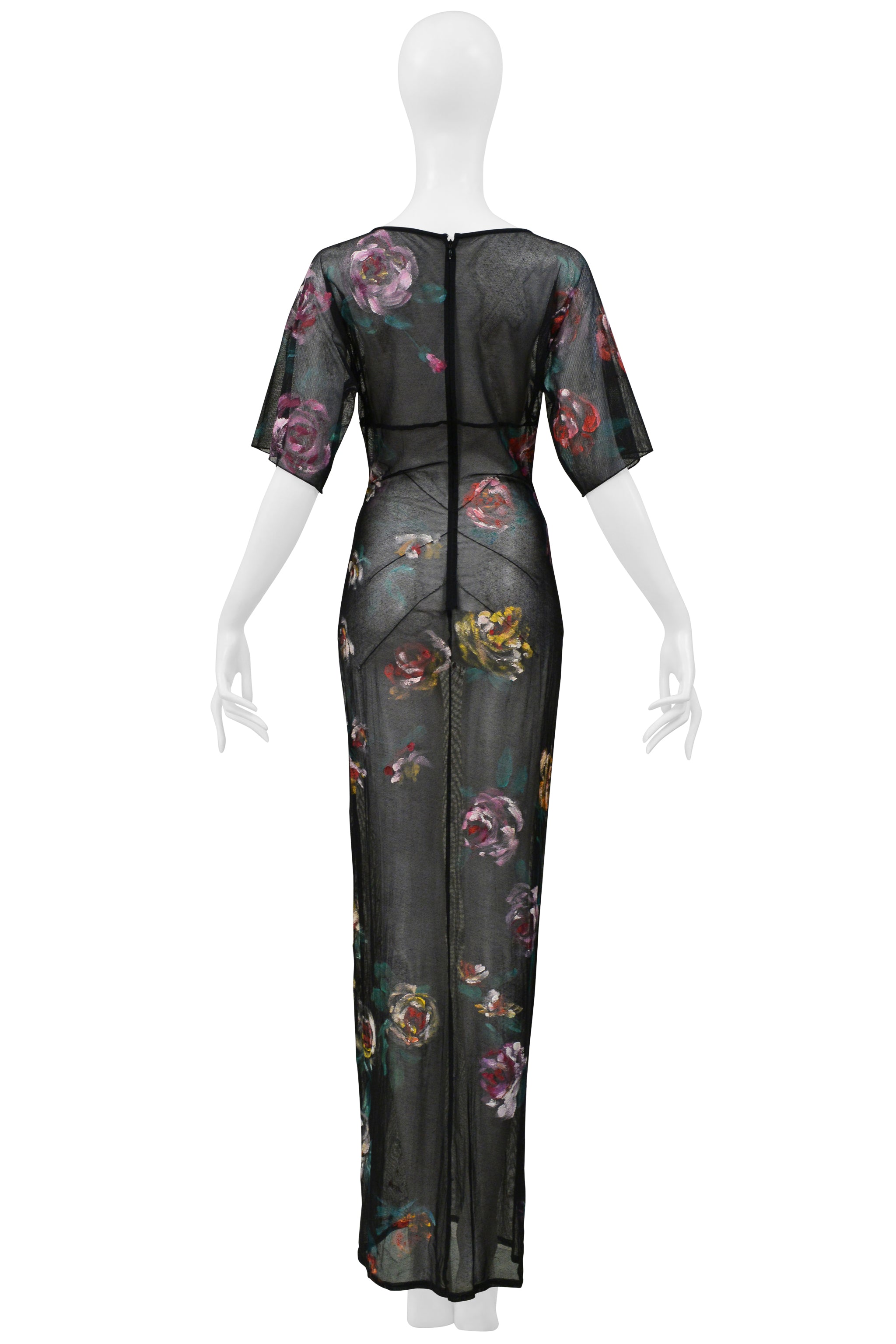 DOLCE & GABBANA BLACK MESH LONG DRESS WITH PAINTED ROSES 1998