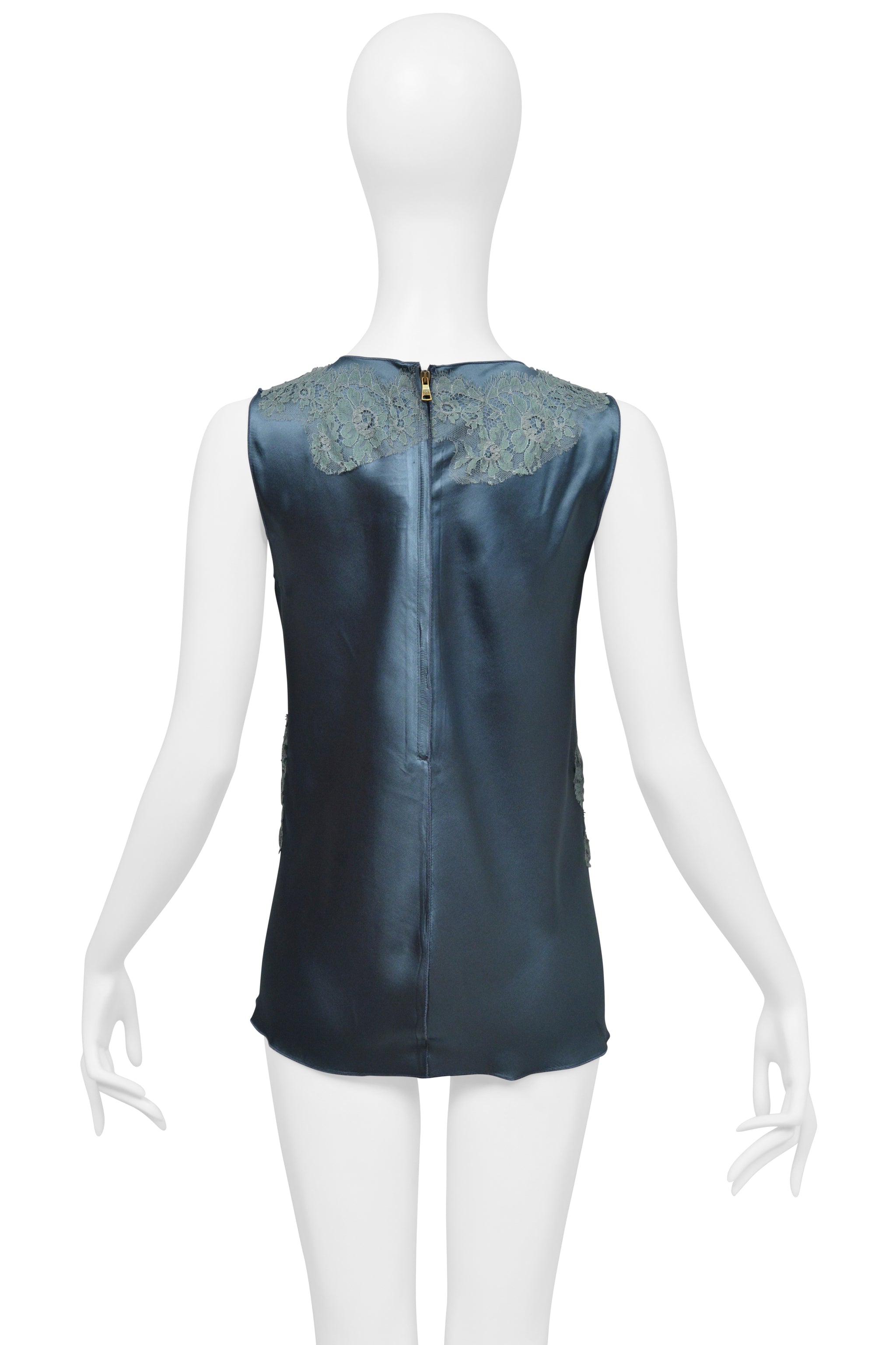 DOLCE & GABBANA TEAL BLUE SILK SLEEVELESS SHELL TOP WITH LACE