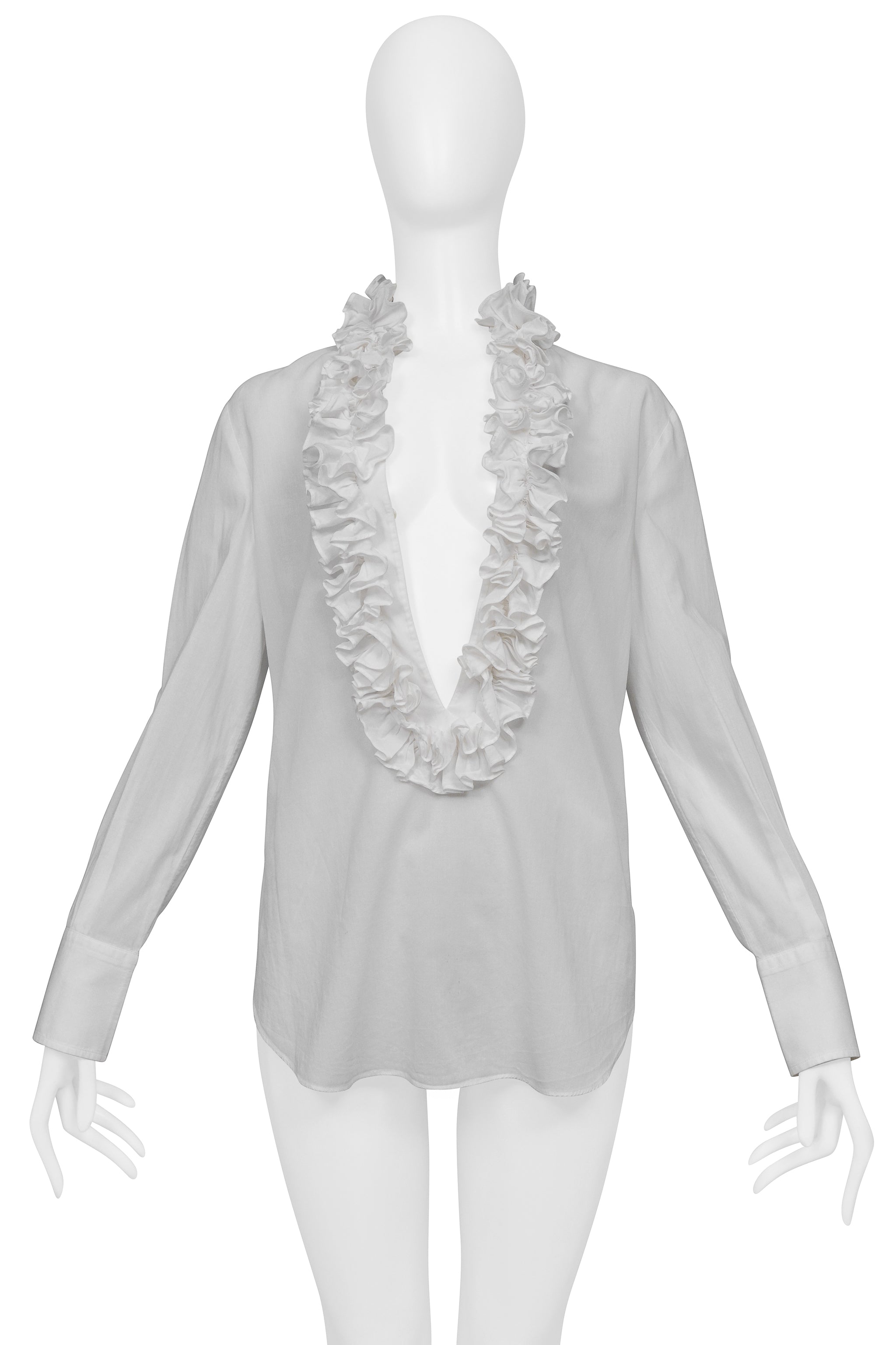  DOLCE & GABBANA WHITE BLOUSE WITH DEEP V NECKLINE & RUFFLES DOLCE & GABBANA WHITE BLOUSE WITH DEEP V NECKLINE & RUFFLES