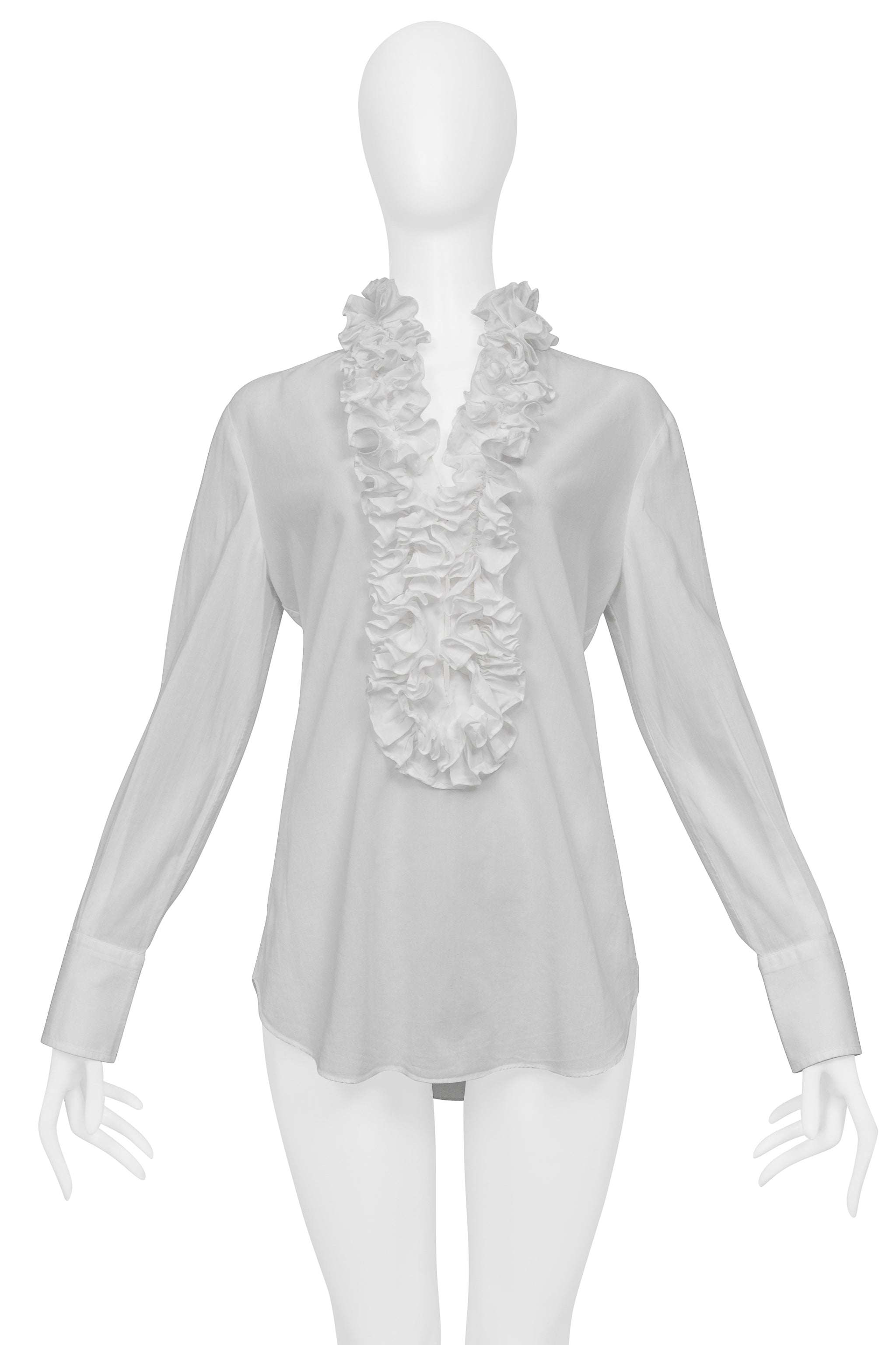  DOLCE & GABBANA WHITE BLOUSE WITH DEEP V NECKLINE & RUFFLES DOLCE & GABBANA WHITE BLOUSE WITH DEEP V NECKLINE & RUFFLES